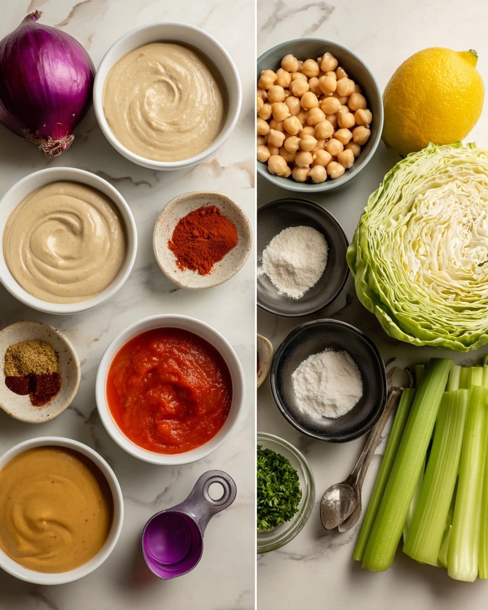 The image shows a collection of small bowls and fresh ingredients arranged on a white marbled surface. On the left side, there are four white small bowls with different sauces and spices: a beige thick sauce, a bright red sauce, a creamy light brown sauce, and a bowl with red and brown powders. Around these bowls are fresh produce items: a purple onion, a yellow pepper, a lemon, and a white bowl filled with chickpeas. On the right side, there are three small black bowls with white powder, green herbs, and a beige thick sauce. Next to them are fresh celery stalks, a green cabbage, and a white bowl with the same beige thick sauce. A small purple measuring cup is also placed near the bowls. Photo taken with an iphone --ar 4:5 --v 7