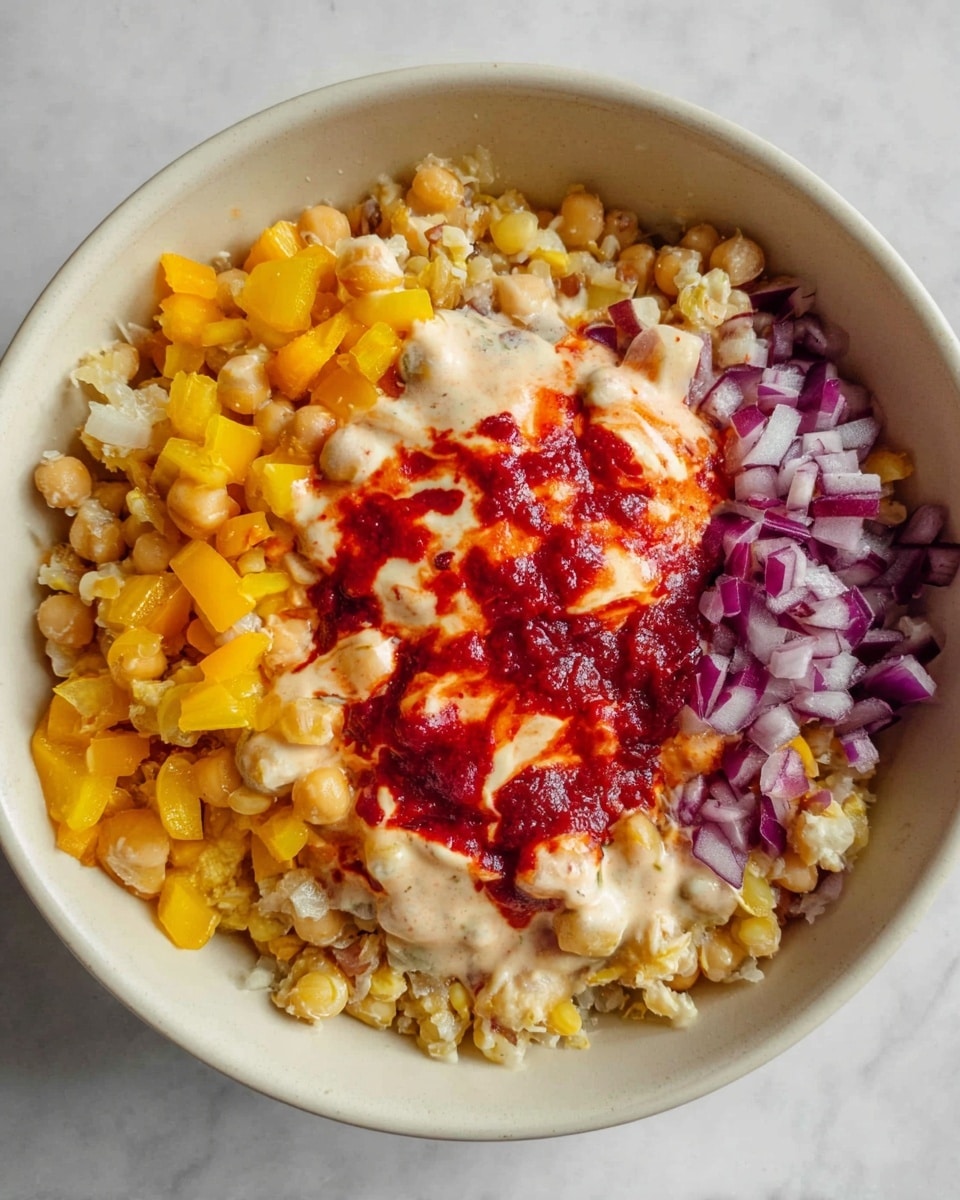 A white bowl holds a layered dish starting with a base of mixed chickpeas and split lentils, pale yellow and beige in color with a soft texture. On top, there are small diced bright yellow bell peppers and finely chopped purple onions arranged separately. Centered over the base, there is a creamy white sauce mixed with a vivid red sauce that creates an uneven, marbled effect. The sauces look thick with a blend of smooth and slightly chunky textures. The bowl is placed on a white marbled surface. Photo taken with an iphone --ar 4:5 --v 7