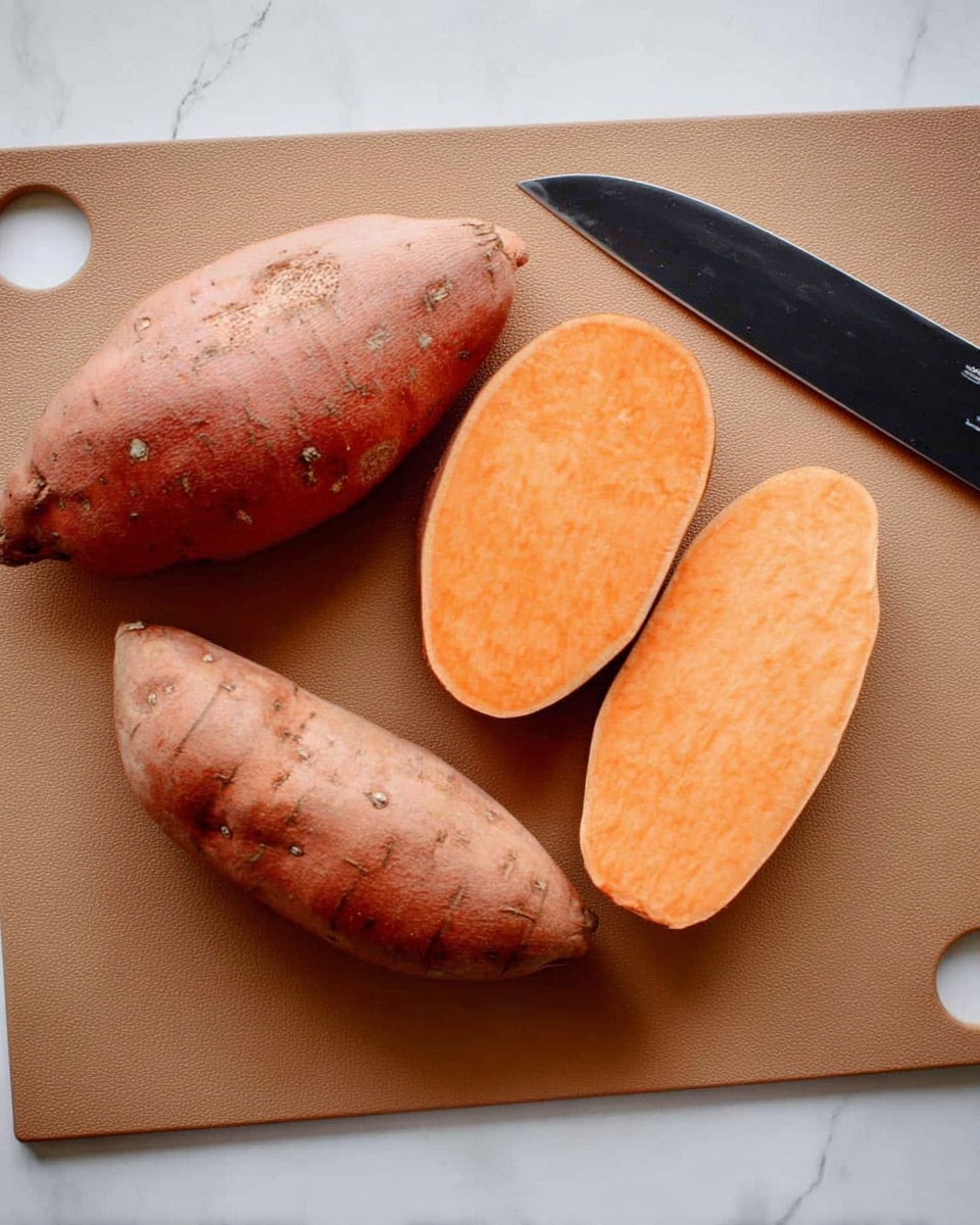 The image shows a close-up of two whole sweet potatoes and one sliced sweet potato placed on a light brown cutting board with a round hole in the top left corner. The two whole sweet potatoes are on the left side, showing a rough, reddish-brown outer skin with small dark spots. To the right, the sliced sweet potato is cut in half lengthwise, revealing a bright orange smooth inside. Next to the sliced sweet potato is a black knife with a shiny blade pointing to the bottom right corner. The background is a white marbled surface. Photo taken with an iphone --ar 4:5 --v 7