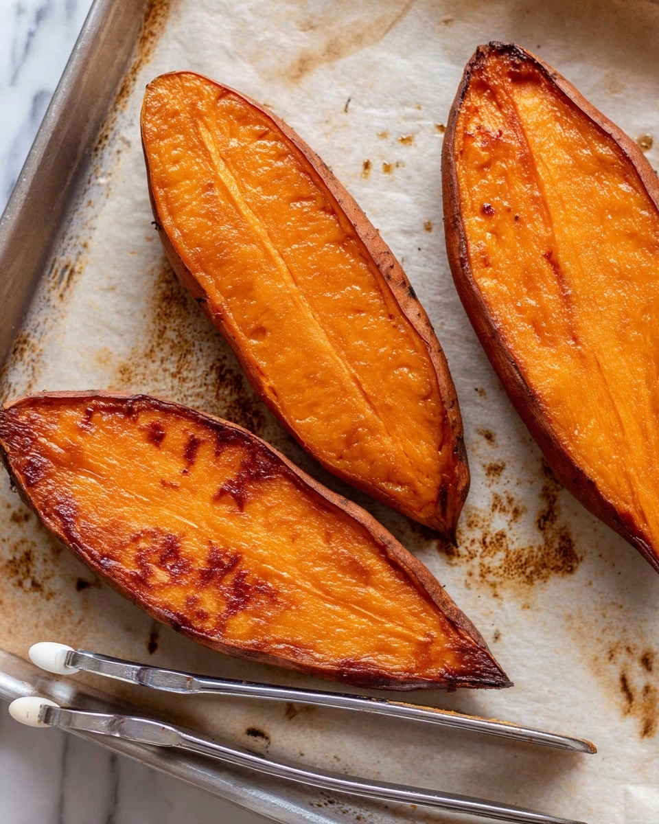 The image shows three long orange sweet potato halves with a slightly caramelized and shiny surface, resting on light-colored baking paper with some oil spots and brown baking marks. The sweet potato skins are dark brown and slightly crisp, creating a contrast with the smooth, glossy orange flesh inside. In the lower part of the image, there is a pair of silver tongs with white silicone tips lying on a metal tray, all set against a white marbled texture background. photo taken with an iphone --ar 4:5 --v 7