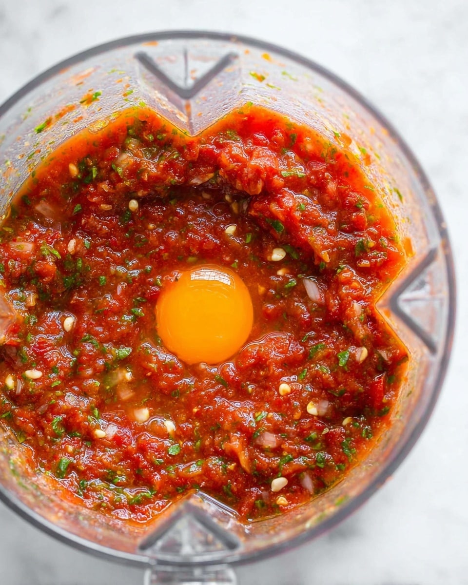 This image shows a clear glass blender bowl filled with a chunky red salsa mixture that has bits of green herbs, small pieces of onion, and some seeds visible throughout. In the center of the salsa, there is one bright orange egg yolk sitting unbroken, surrounded by the textured salsa. The salsa layers look moist and fresh with a slight shine, and some bubbles appear on the surface. The blender bowl is placed on a white marbled surface with soft, natural light. photo taken with an iphone --ar 4:5 --v 7