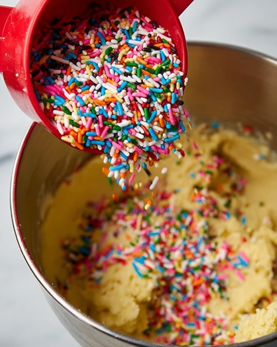 A close-up view shows colorful sprinkles falling from a red measuring cup into light yellow cookie dough in a mixing bowl. The sprinkles are small, oblong, and in bright colors like pink, blue, green, orange, white, and black, creating a lively contrast against the dough's smooth, creamy texture. The red measuring cup is tilted above the dough, pouring the sprinkles in mid-air, with some already sprinkled over the dough in the bowl. The bowl has a metallic inner surface, and the whole scene sits on a white marbled surface. Photo taken with an iphone --ar 4:5 --v 7