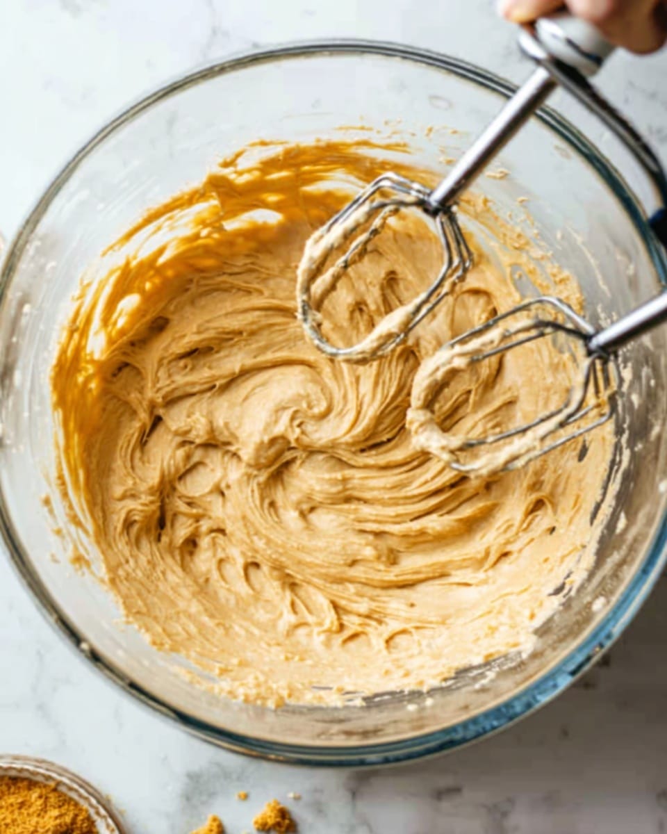 A clear glass bowl filled with thick light brown batter being mixed by two silver beaters from an electric hand mixer. The batter looks smooth and creamy with some peaks and swirls. A woman's hand holds the mixer at the top right of the bowl, slightly visible. The bowl sits on a white marbled surface with a hint of crumbs near the bottom left. The lighting is bright and natural. photo taken with an iphone --ar 4:5 --v 7