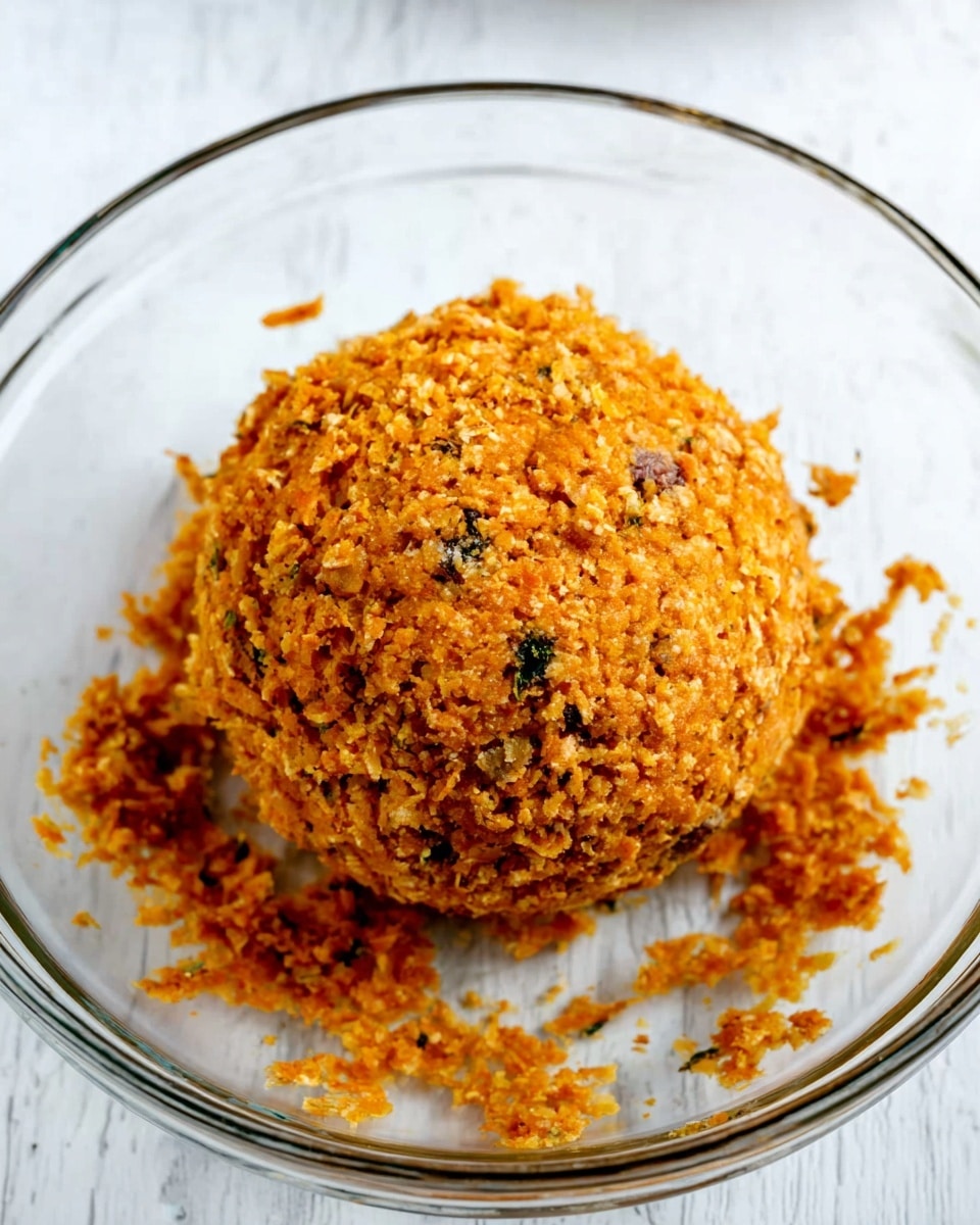 In the image, a large round ball of finely chopped orange-colored food with green flecks is placed in the center of a clear glass bowl. The texture of the ball looks soft and crumbly, with small pieces spreading around its base inside the bowl. The bowl sits on a white marbled surface, giving a clean background to the textured food ball. Photo taken with an iphone --ar 4:5 --v 7