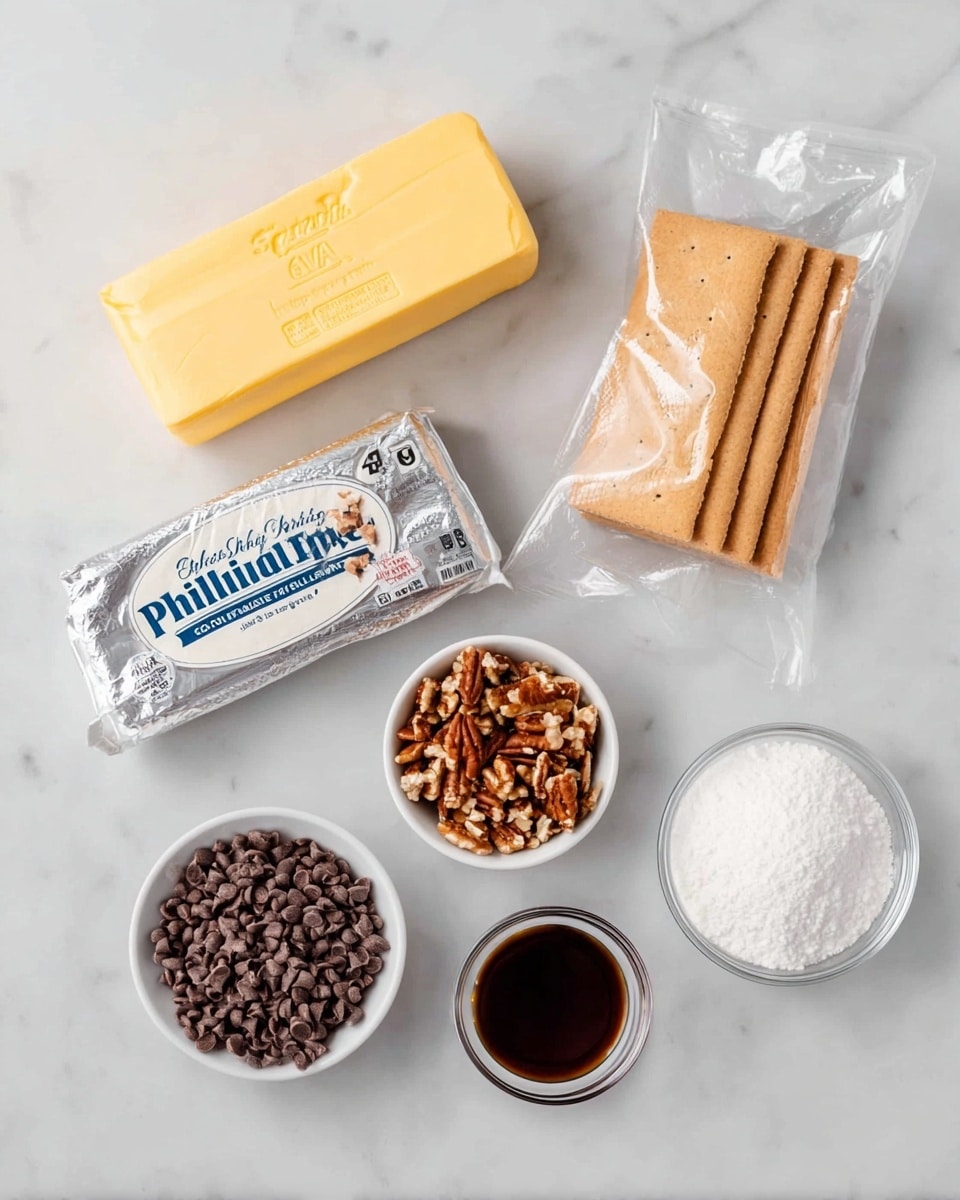 The image shows seven ingredients laid out separately on a white marbled surface: a stick of yellow butter with a Grade AA label, a rectangular silver package of Philadelphia original cream cheese, a clear plastic bag containing light brown rectangular graham crackers, three small white bowls filled with chopped brown pecans, dark brown chocolate chips, and white powdered sugar, and a small glass bowl with dark brown vanilla extract. The items are spaced evenly and photographed from above in clear natural light photo taken with an iphone --ar 4:5 --v 7