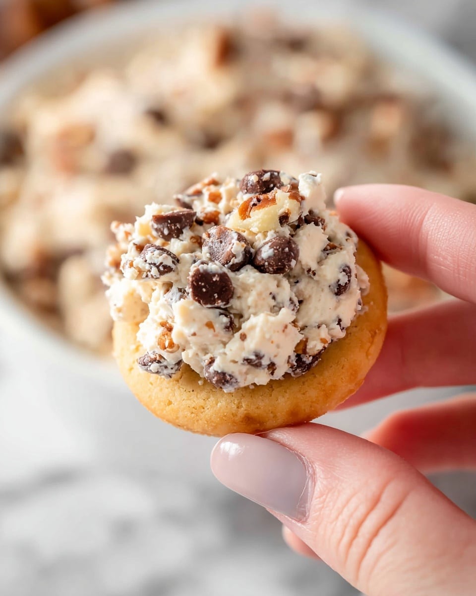 A close-up image shows a woman's hand holding a small, round golden cookie topped with a thick layer of creamy white mixture mixed with small dark brown chocolate chips and light brown nut pieces. In the background, there is a large white bowl filled with the same creamy mixture with chocolate chips and nuts, resting on a white marbled surface. The texture of the topping looks soft and chunky, contrasting with the smooth, crisp texture of the cookie. Photo taken with an iphone --ar 4:5 --v 7