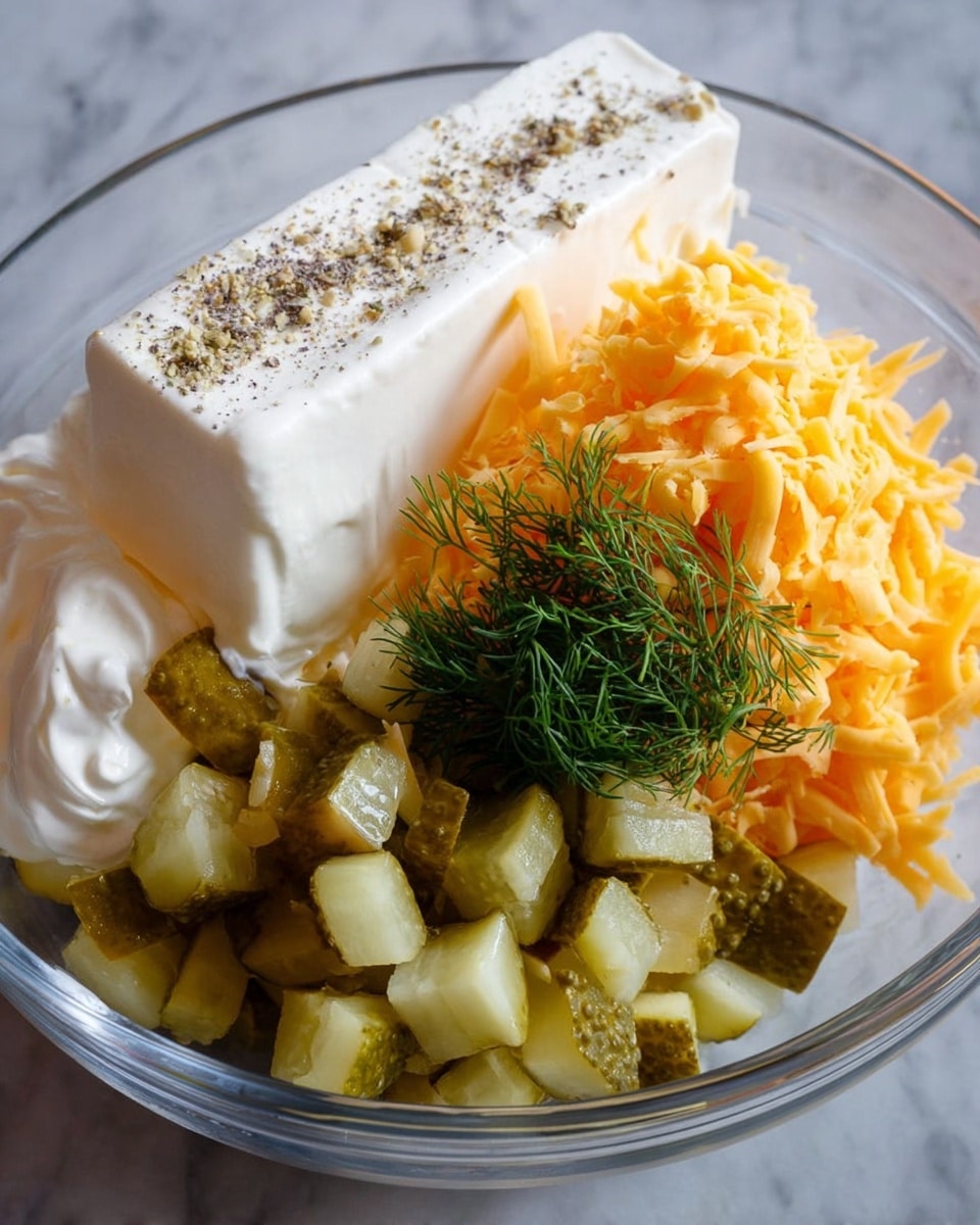 In a clear glass bowl on a white marbled surface, there are distinct layers of ingredients. At the bottom, there is a pile of small, cubed pickles with green and light yellow hues. On top of and beside the pickles, there is a large rectangular block of white cream cheese positioned upright. To the left of the cream cheese, there are white dollops of sour cream sprinkled with black pepper, partially covering the base of the cheese block. Above the sour cream, a cluster of bright orange shredded cheddar cheese is piled high. A small bunch of fresh dill, dark green with thin leaves, sits between the shredded cheese and the sour cream. The overall scene is well lit, focused closely on the layered ingredients. Photo taken with an iphone --ar 4:5 --v 7