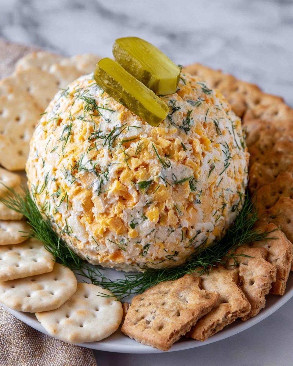 A round cheese ball covered in small pieces of orange cheese mixed with green dill and bits of yellow zest, topped with two thin pickle slices and more dill, sits on a white plate surrounded by light tan round crackers and square beige crackers, all on a white marbled surface photo taken with an iphone --ar 4:5 --v 7
