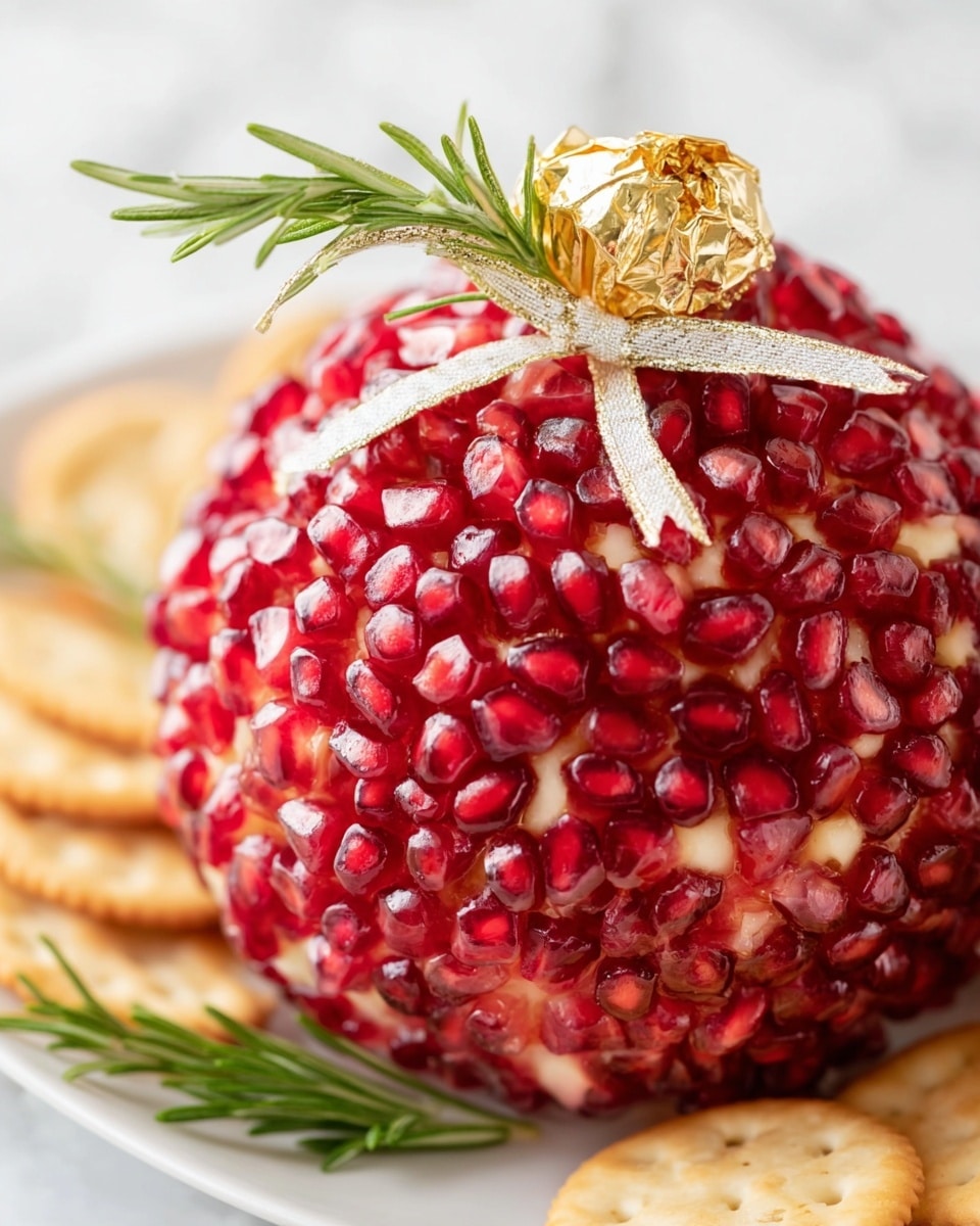The image shows a round cheese ball fully covered with bright red pomegranate seeds, giving it a textured and shiny red surface. On top, there is a small golden foil-wrapped cheese piece tied with a soft white ribbon in a bow. Next to the cheese ball, there are small green sprigs of rosemary placed decoratively. This all sits on a white plate with scattered round crackers around the edges. The background is a white marbled surface, making the colors pop. photo taken with an iphone --ar 4:5 --v 7