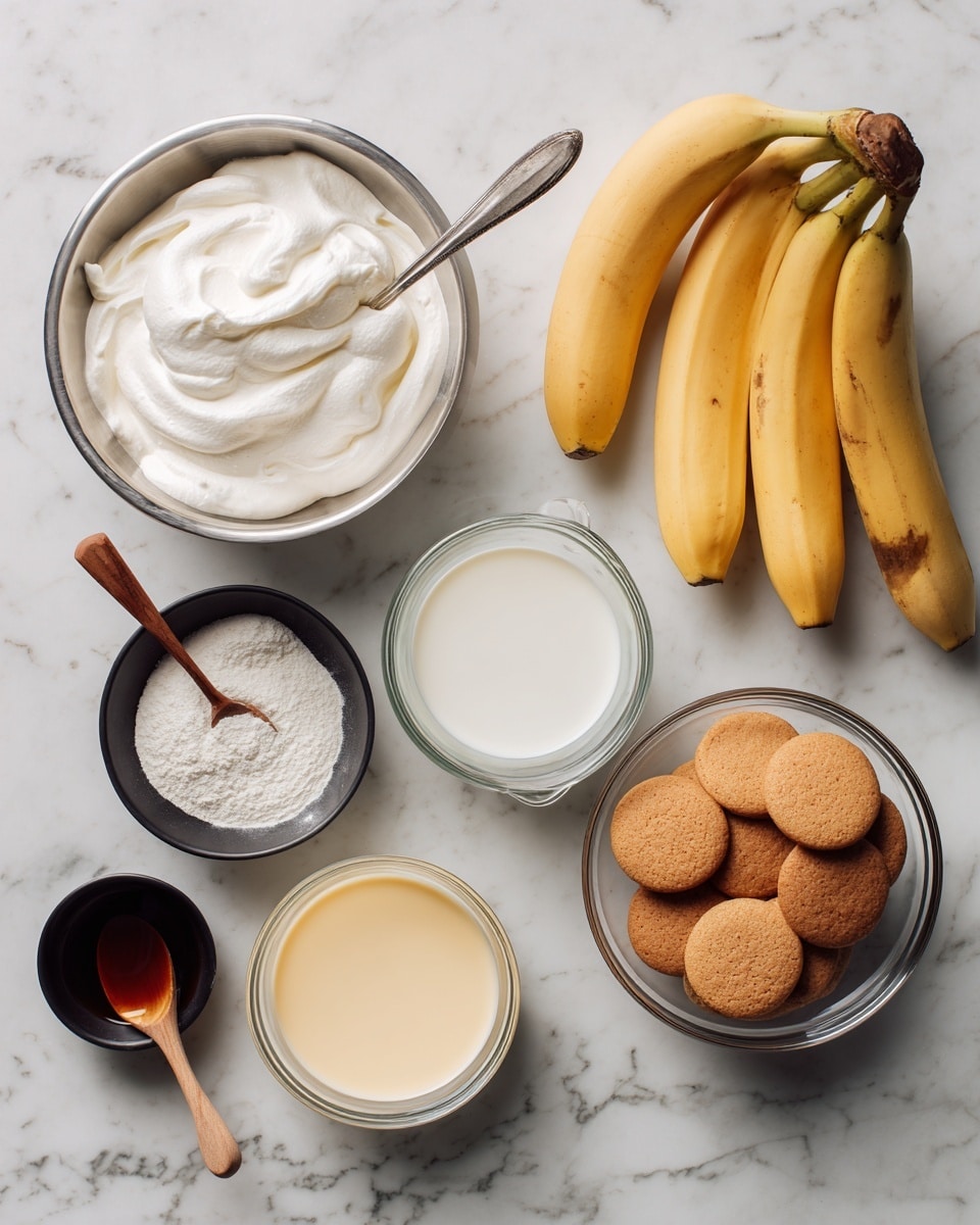 The image shows a white marbled surface with six ingredients arranged neatly. On the top left, there is a large steel bowl filled with white fluffy cream, a spoon resting inside it. To its right, a glass measuring cup holds fresh white milk. Beside the milk, a bunch of yellow ripe bananas with brown tips rests on the marble. Below the milk is a small round steel bowl filled with white powder. On the bottom left, there is a small black bowl containing a dark brown liquid with a wooden spoon resting on its edge. Lastly, in the center bottom, there is a medium steel bowl filled with a smooth pale yellow liquid. On the right side, a clear glass bowl full of round light brown cookies completes the setup photo taken with an iphone --ar 4:5 --v 7