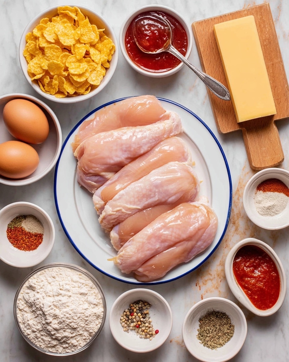 The image shows four raw chicken pieces placed side by side in a white plate with a blue rim, centered on a white marbled surface. Around the plate, there are several small white bowls arranged neatly: the top left bowl contains yellow cornflakes, the top middle bowl has a red jelly-like sauce with a spoon, and the top right bowl holds two brown eggs next to a rectangular piece of yellow cheese. Surrounding the plate at the bottom and sides are various small bowls and dishes filled with white flour, light brown and red spices, salt, pepper, and a red liquid sauce, all showing different textures and colors like fine powders and sauces. The entire scene looks clean and well-organized, ready to use for cooking. photo taken with an iphone --ar 4:5 --v 7
