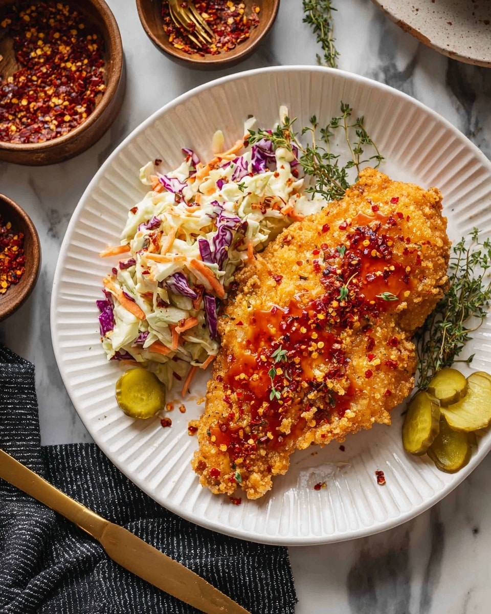 A white ribbed plate holds a crispy, golden brown fried chicken piece covered with red chili flakes and a drizzle of spicy red oil, garnished with small green thyme sprigs. Next to the chicken is a serving of creamy coleslaw with visible white cabbage, orange carrot strips, and bits of purple cabbage. Three pickle slices sit at the edge of the coleslaw. The plate is on a white marbled surface, surrounded by small bowls filled with chili flakes and chili oil. A gold fork rests on the plate's edge, and a knife lies nearby. There is a dark textured cloth partially visible in the background. Photo taken with an iphone --ar 4:5 --v 7