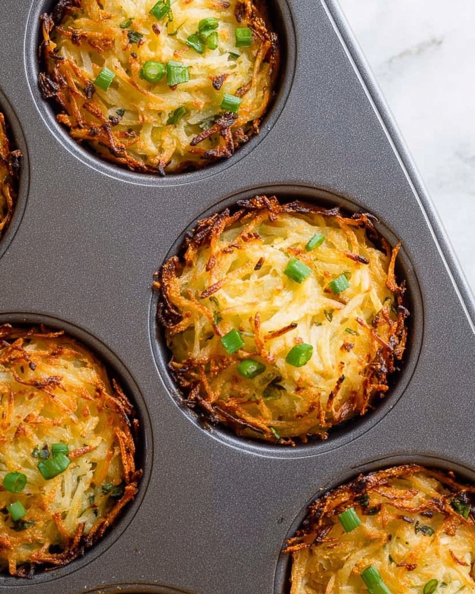 The image shows a close-up of three golden brown, crispy hash brown nests baked in a dark gray muffin tray. Each nest is made of shredded potatoes that are lightly browned with some edges darker than others, giving a crunchy texture. The tops of the nests are sprinkled with small pieces of chopped green onions, adding a fresh green contrast. The muffins have a slight crust around the edges, and the background is a white marbled surface. photo taken with an iphone --ar 4:5 --v 7