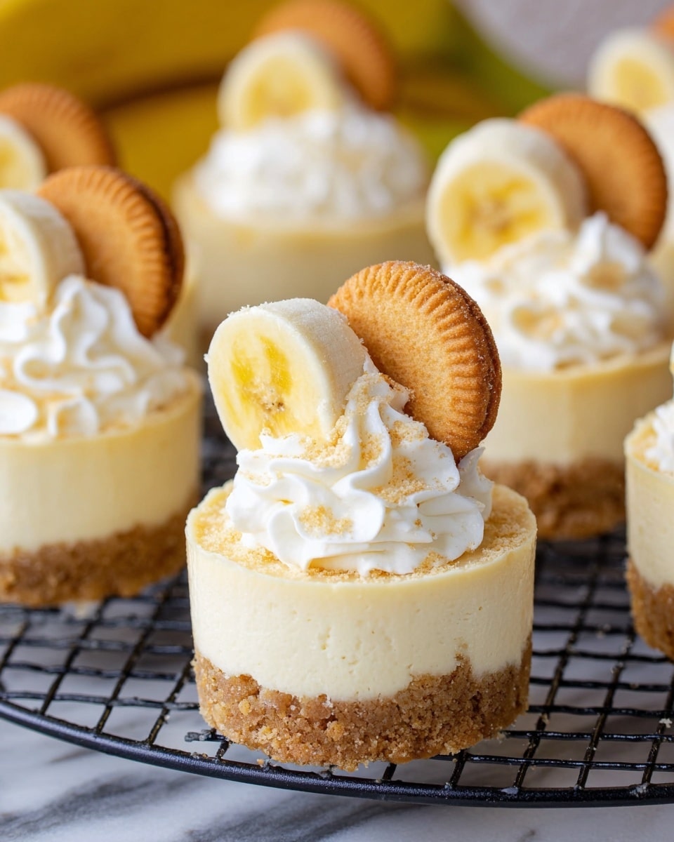 The image shows several mini cheesecakes each with three main layers. The bottom layer is a crumbly light brown crust. The middle layer is a creamy pale yellow cheesecake with a smooth texture. On top, there is a swirl of white whipped cream with some small crumbs sprinkled over it. Each cheesecake is decorated with a round golden-brown biscuit and a fresh yellow banana slice standing upright next to each other. The cheesecakes are placed on a black cooling rack over a white marbled surface. Photo taken with an iphone --ar 4:5 --v 7