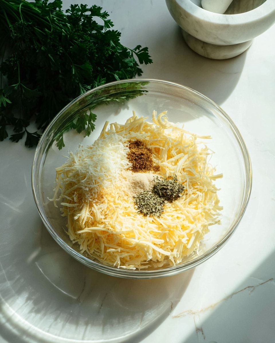 In a clear glass bowl placed on a white marbled surface, there is one large layer of shredded cheese that is pale yellow and soft in texture, with a smaller pile of grated cheese that is finer and lighter yellow on the side. On top of the cheese layers, there are small heaps of different spices, including black pepper, dried green herbs, and a light beige powder, placed near the center of the bowl. In the background, there is a bunch of dark green parsley and a white marble mortar and pestle. Sunlight creates soft shadows across the scene. Photo taken with an iphone --ar 4:5 --v 7