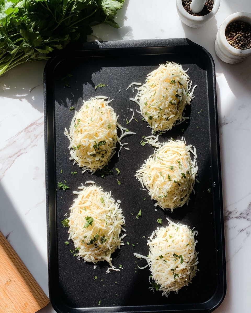 The image shows a black baking tray with five oval-shaped piles of shredded white and pale yellow cheese mixed with small green herb bits scattered on top. The cheese piles have a rough, uneven texture and are arranged in two rows, three at the top and two at the bottom, resting directly on the tray. The tray sits on a white marbled surface, and there is natural light casting shadows across the scene. In the top left corner, part of a green leafy herb bunch and a small white marble mortar with black peppercorns and a pestle can be seen. Photo taken with an iphone --ar 4:5 --v 7