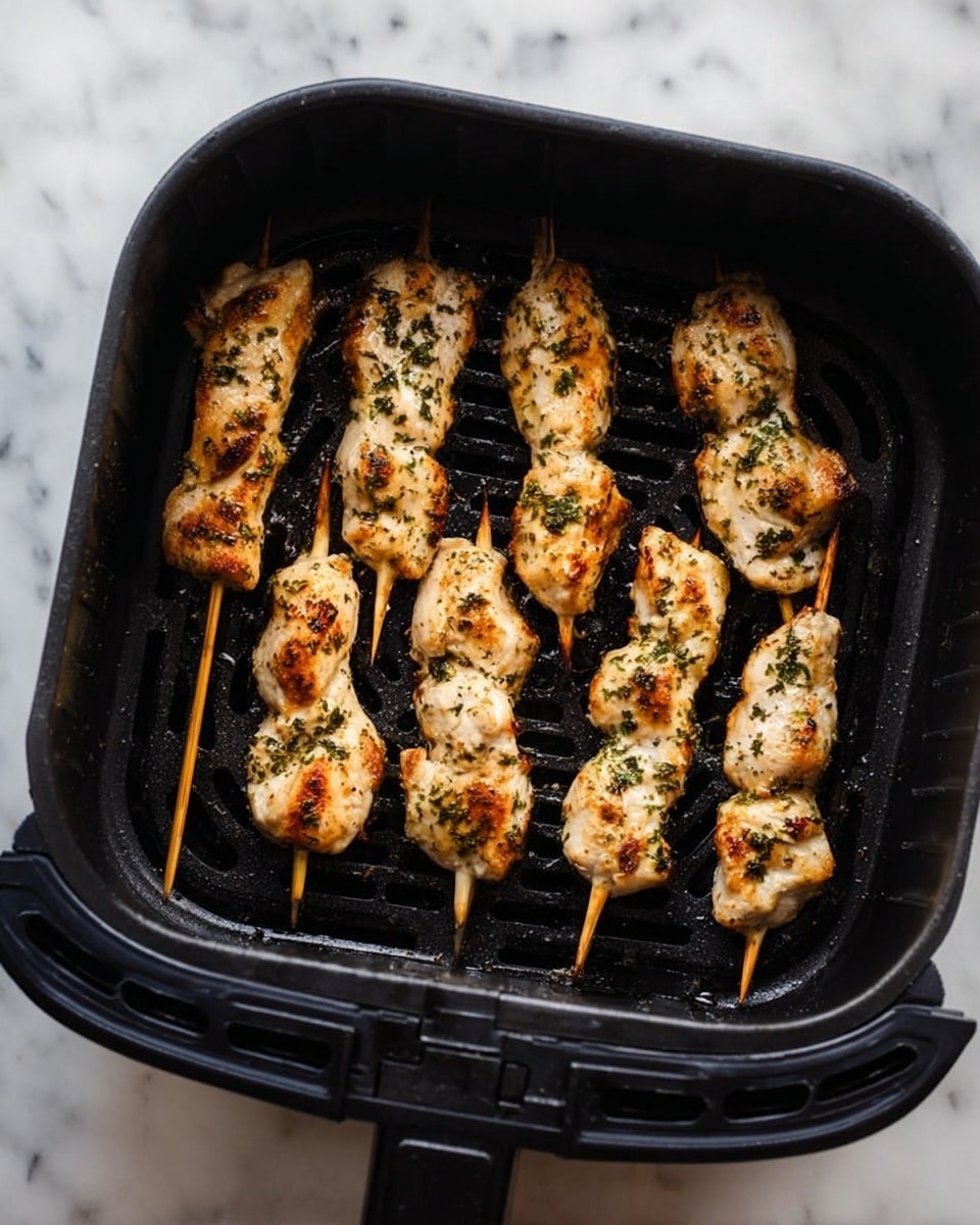 The image shows six chicken skewers placed inside a black air fryer basket that rests on a white marbled surface. The skewers are arranged in two rows, with the top row having three skewers and the bottom row having three skewers. Each skewer has several pieces of grilled chicken that are lightly browned with a touch of green herbs sprinkled on top, giving the chicken a slightly textured and seasoned look. The black basket contrasts with the white marbled surface, highlighting the golden color of the chicken. Photo taken with an iphone --ar 4:5 --v 7
