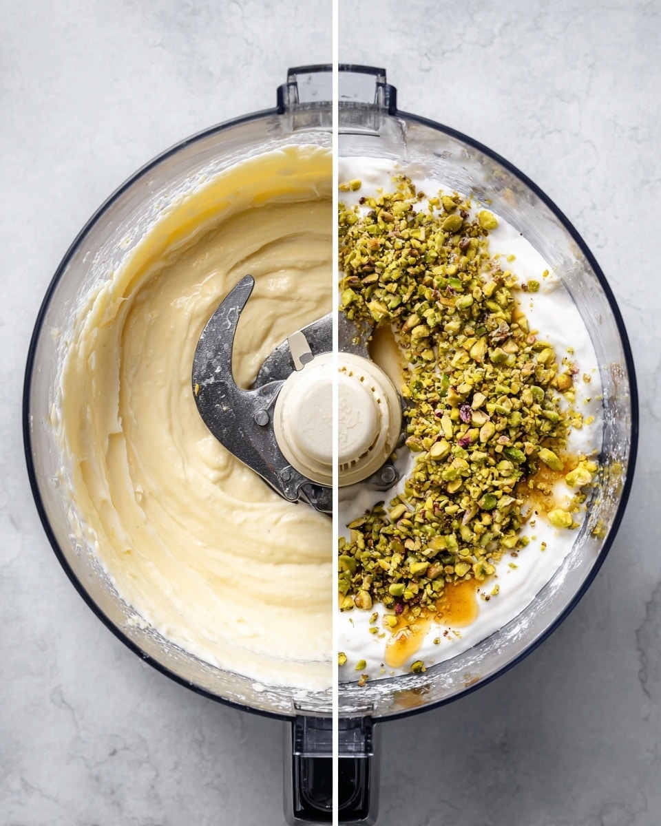 A clear food processor bowl has a smooth, creamy pale yellow mixture spread evenly inside around the metal blade in the center. In the next image, the same bowl holds several ingredients in separate layers: on the bottom is a thick white creamy layer, topped on one side with a pile of small chopped green pistachios, and on another side, golden honey drizzled over the creamy base. The bowl is set on a white marbled surface. Photo taken with an iphone --ar 4:5 --v 7