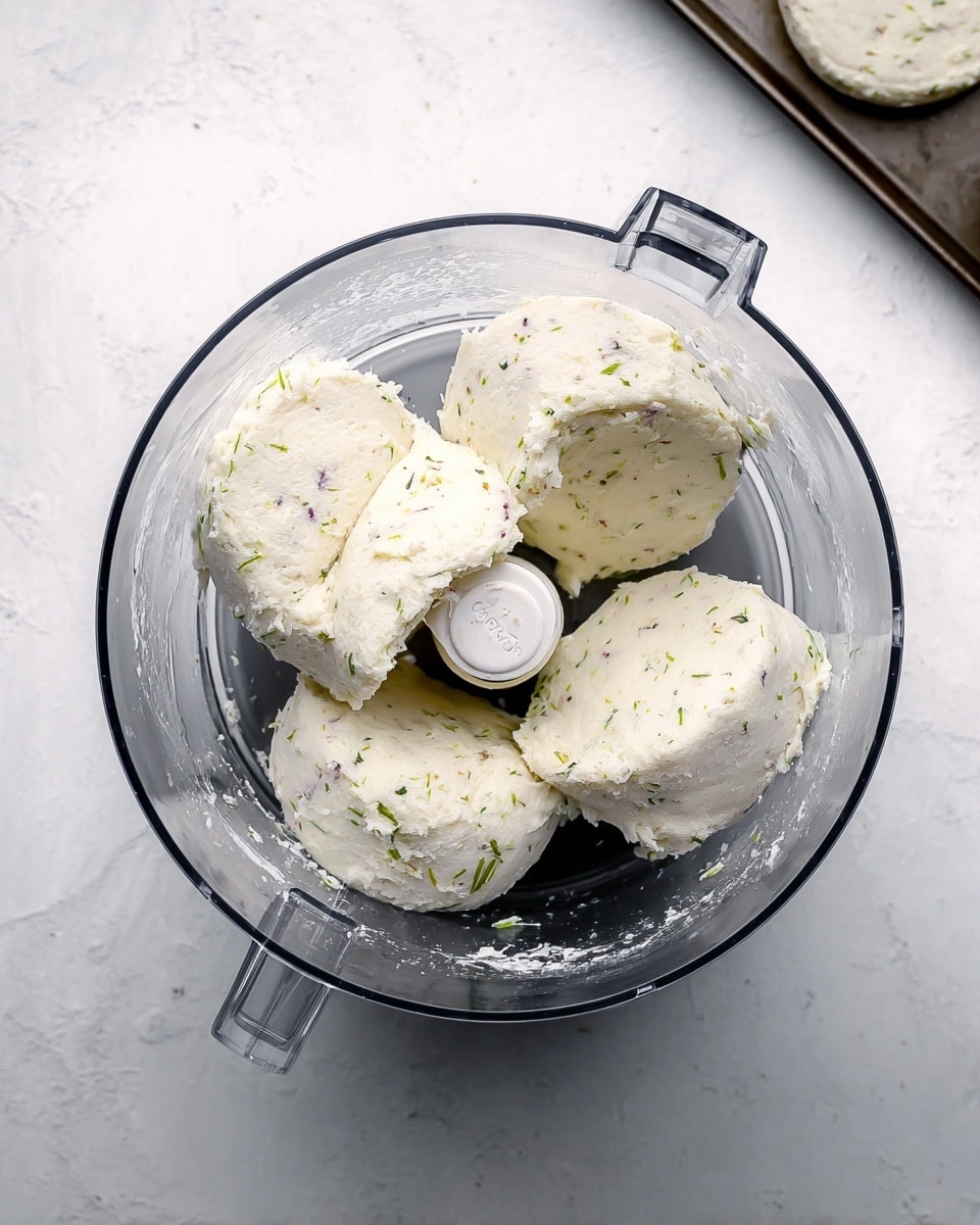 The image shows a clear food processor bowl with four thick, round white dough-like disks inside. Each disk has a smooth yet slightly uneven texture with small specks of green and purple spread throughout. The background surface is a white marbled texture, and part of a flat tray with similar dough pieces can be seen in the corner. The overall look is clean and bright. photo taken with an iphone --ar 4:5 --v 7