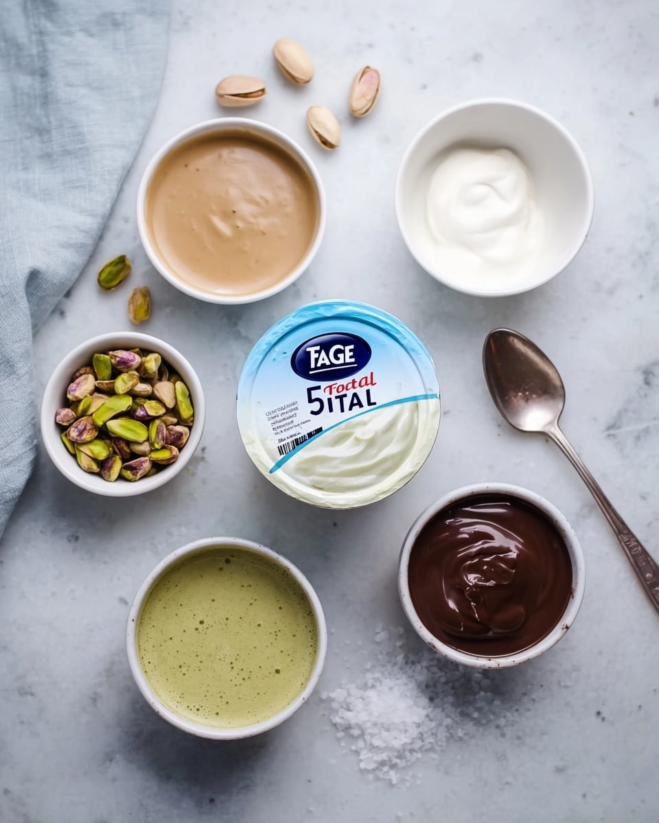 The image shows a flat arrangement on a white marbled surface with a sealed small round container of yogurt labeled