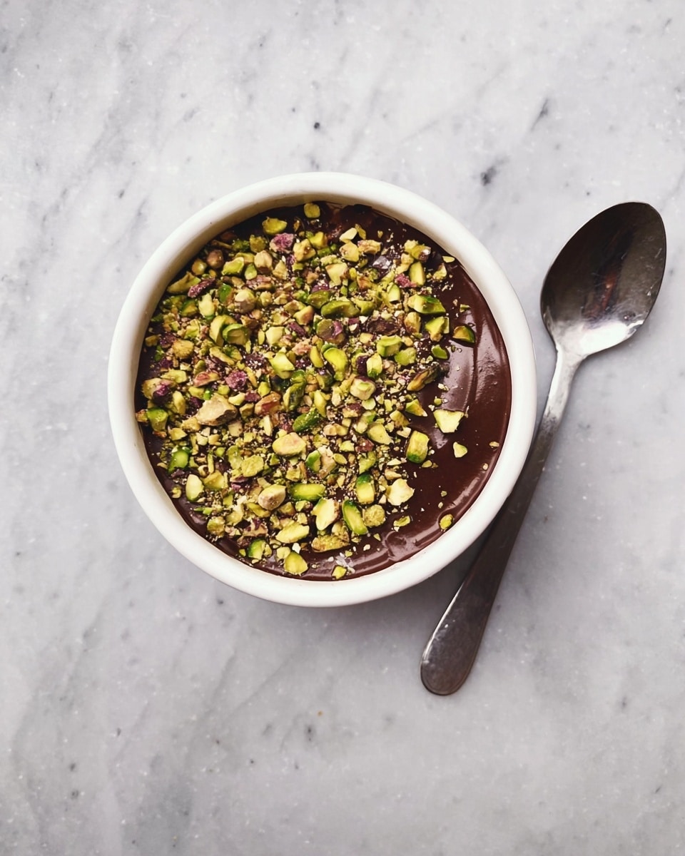 A white round bowl contains a smooth, rich dark chocolate layer filling most of the bowl. The top is covered with a generous layer of chopped green and light brown pistachio nuts scattered unevenly. The bowl is placed on a white marbled surface with a large metal spoon lying beside it on the right. photo taken with an iphone --ar 4:5 --v 7