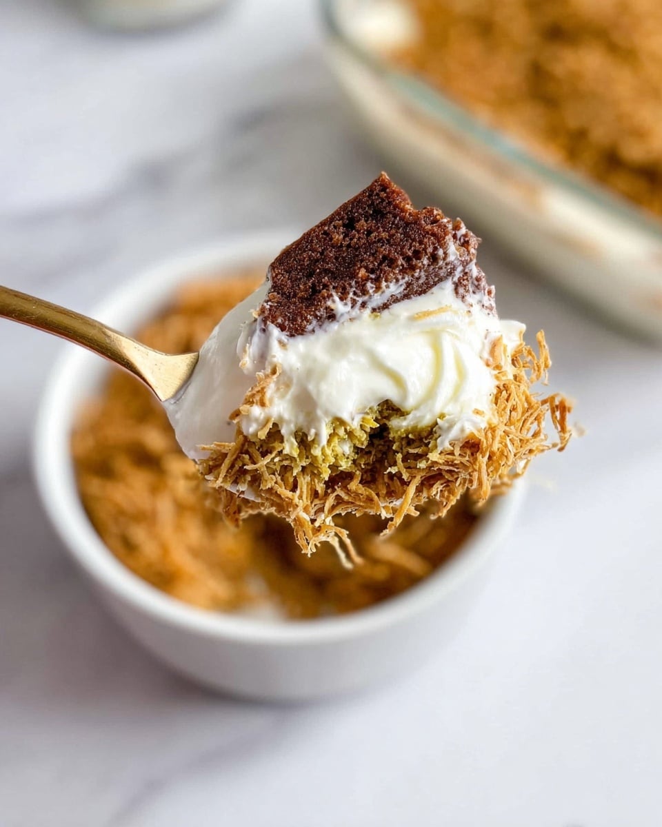 A close-up image of a spoon holding three layers of dessert: the bottom layer is a crispy, golden-brown shredded texture, the middle layer is smooth and creamy white, and the top layer is a piece of dark brown soft cake. In the background, there is a white bowl filled with more of the crispy shredded texture, placed on a white marbled surface. The photo taken with an iphone --ar 4:5 --v 7