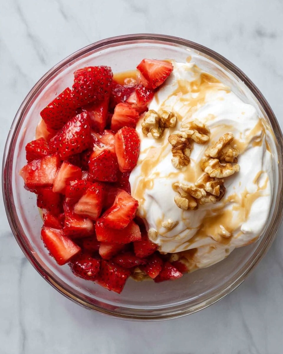 The image shows a clear glass bowl placed on a white marbled surface. Inside the bowl, there are two main layers: on the left side, bright red chopped strawberries with a fresh, juicy texture, and on the right side, a dollop of creamy white yogurt topped with a drizzle of light brown syrup and a few small pieces of walnuts scattered on top. The layers are clearly separated, with the strawberries offering a vibrant contrast to the soft, smooth yogurt and syrup mix. Photo taken with an iphone --ar 4:5 --v 7