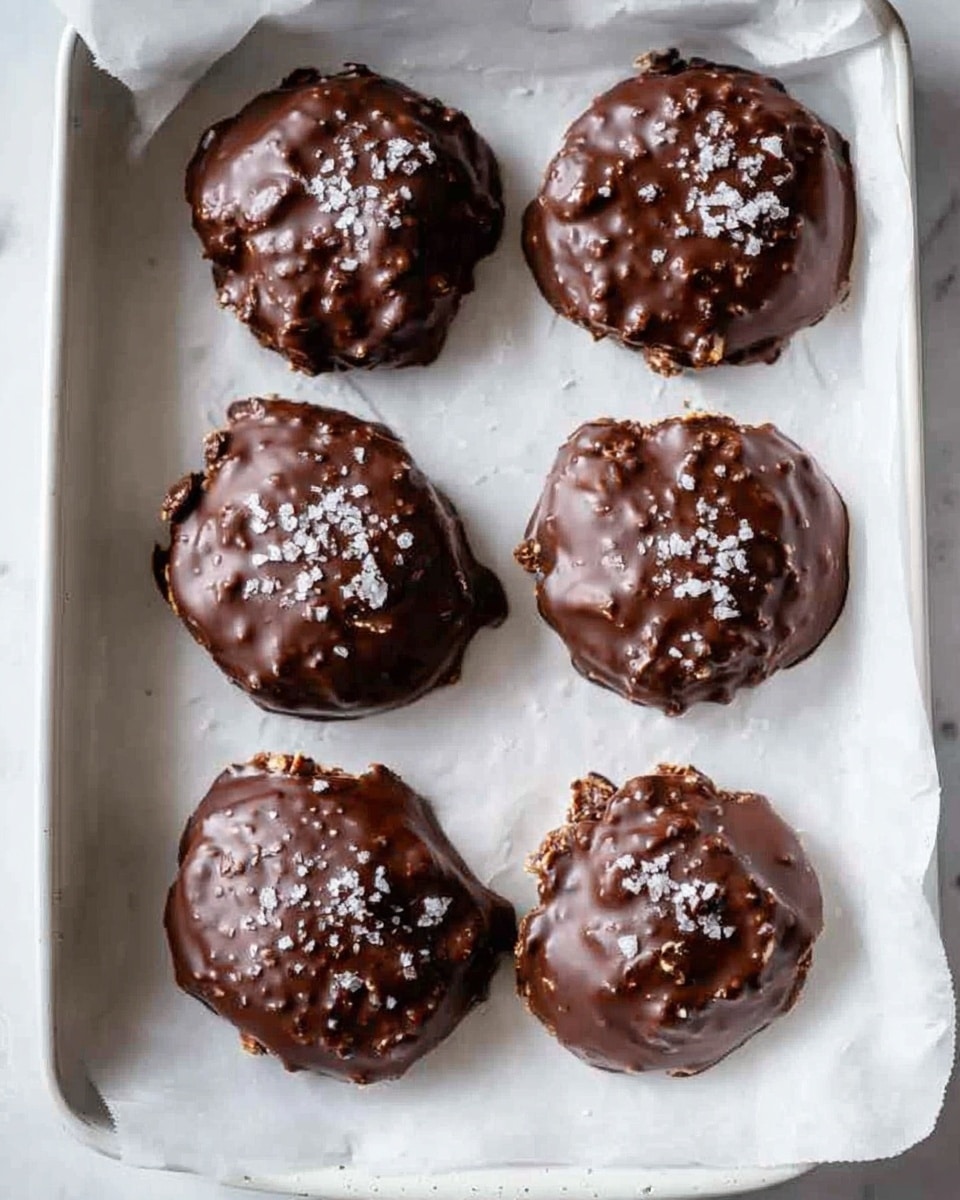 The image shows six round chocolate-covered treats placed on white parchment paper inside a white baking tray. Each treat is thickly coated with a glossy, dark brown chocolate layer that appears uneven and textured, with some small spots of hammered texture and slight drips around the edges. On top of each chocolate mound is a light sprinkle of white flaky salt, adding a contrast of color and texture. The treats have different shapes but are generally roughly circular with some lumps visible under the chocolate, hinting at ingredients inside. The white parchment paper and white tray are set on a white marbled surface. The photo was taken with an iphone --ar 4:5 --v 7