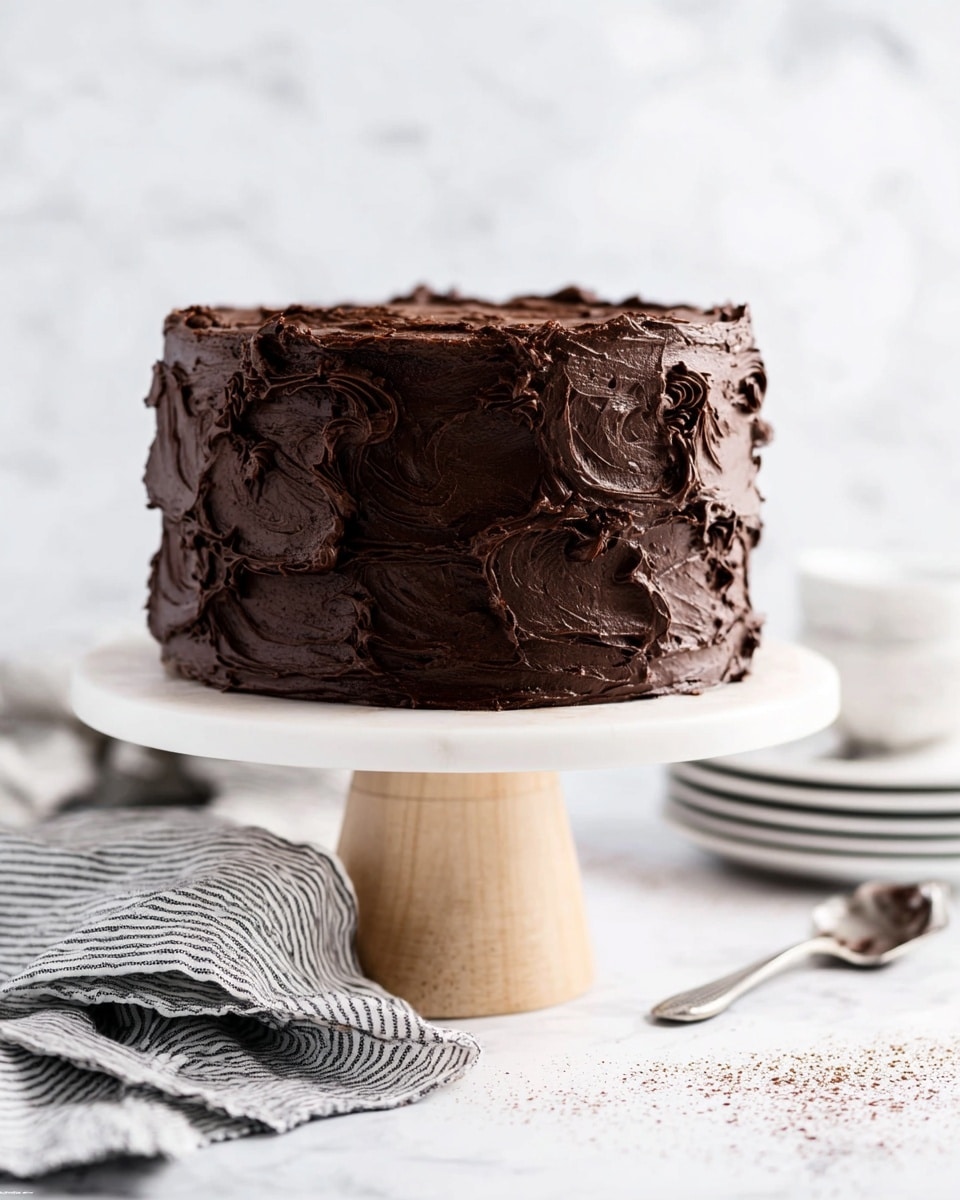 A cake with 1 thick dark brown chocolate frosting layer covers it fully, with thick swirls and waves on the sides and top, giving a rough texture. The cake is placed on a white cake stand with a light wood base. The background and surface are white marbled texture, and there are small brown cocoa powder sprinkles scattered around the base of the stand. A striped white and dark cloth with silver spoon rests near the cake stand, and blurred white plates are stacked in the background. Photo taken with an iphone --ar 4:5 --v 7