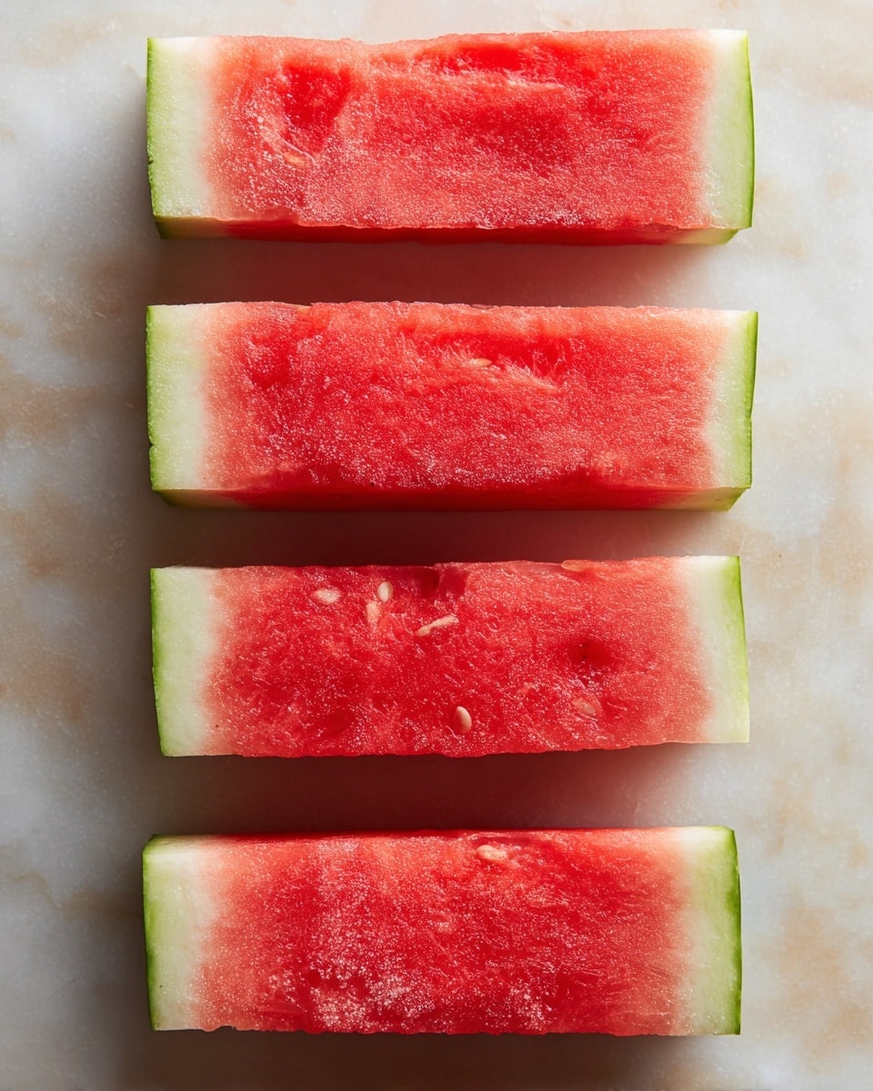 Three thick rectangular watermelon slices are aligned vertically on a white marbled surface. Each slice shows a bright red juicy flesh layer with a slightly frosted texture, transitioning near the rind to a thin pale green layer, then a darker green rind edge. The slices are evenly spaced, and the red flesh has subtle natural imperfections and a few small seeds visible in the bottom slice. photo taken with an iphone --ar 4:5 --v 7