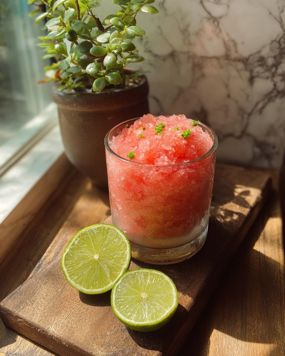 The image shows a clear glass filled with a bright pink crushed ice dessert that has small green specks on top, giving it a fresh look. The glass is placed on a wooden board, which also holds three lime halves, two lying flat and one attached on the edge of the glass. Behind the glass, there is a small green plant in a brown pot. The setting is near a window with sunlight shining on the scene, and the background has a white marbled texture. photo taken with an iphone --ar 4:5 --v 7