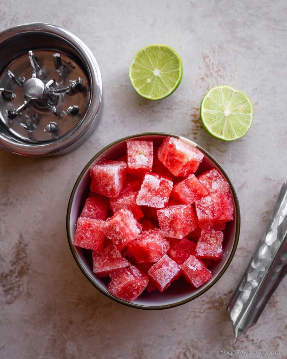 A top-down view of a bowl filled with ice-covered red watermelon cubes. Around the bowl, there are two lime halves placed nearby and a silver metal juicer positioned to the right. To the left, a blender container with blades is partially visible. The surface underneath is a white marbled texture. Photo taken with an iphone --ar 4:5 --v 7
