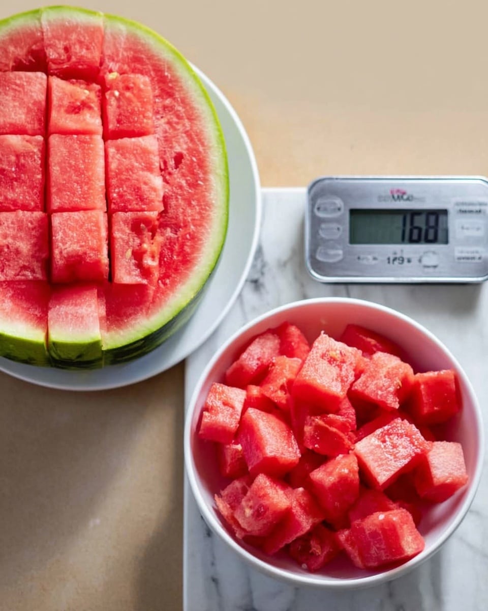 The image shows two close-up views side by side. On the left, there is a white plate with a big slice of watermelon with green rind and red inside. The red part of the watermelon is smoothly scored into square sections, showing juicy texture and small seeds. On the right, there is a white bowl filled with small red watermelon cubes placed on a white marbled surface with a digital scale below it showing 614 grams. The lighting is bright, making the red color of the watermelon stand out clearly. Photo taken with an iphone --ar 4:5 --v 7