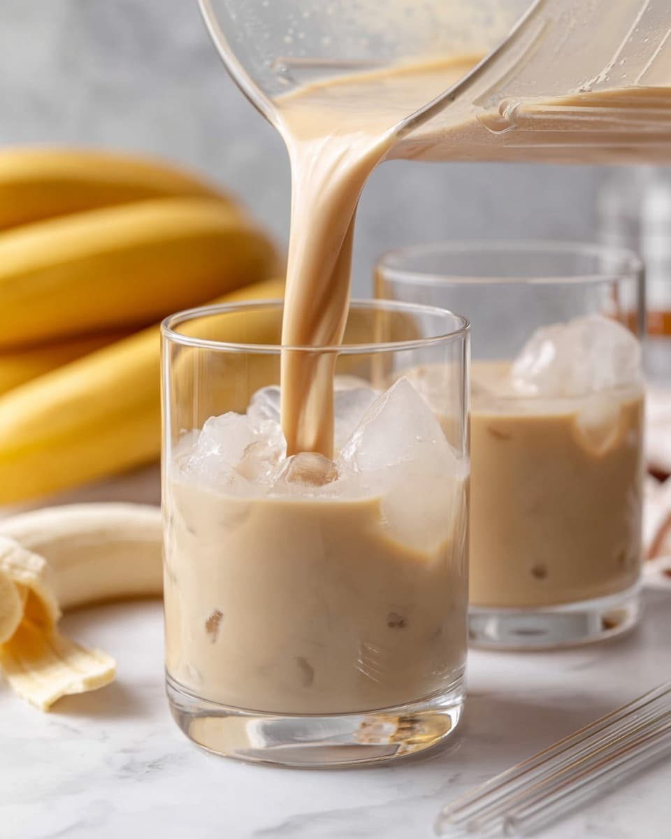 The image shows a close-up of a clear glass filled with ice cubes at the bottom half, with a light beige creamy liquid being poured from a transparent blender container into the glass, creating a smooth flowing texture. Behind the glass, there is another similar glass filled with the same beige liquid but no visible ice. On the left side of the glass with the liquid being poured, there is a bunch of whole yellow bananas resting on a white marbled surface. In the front bottom left corner, part of a peeled banana is slightly visible. Two clear glass straws lie horizontally on the white marbled surface near the bottom right corner of the image. The background is softly blurred with hints of measuring tools and white tones. photo taken with an iphone --ar 4:5 --v 7