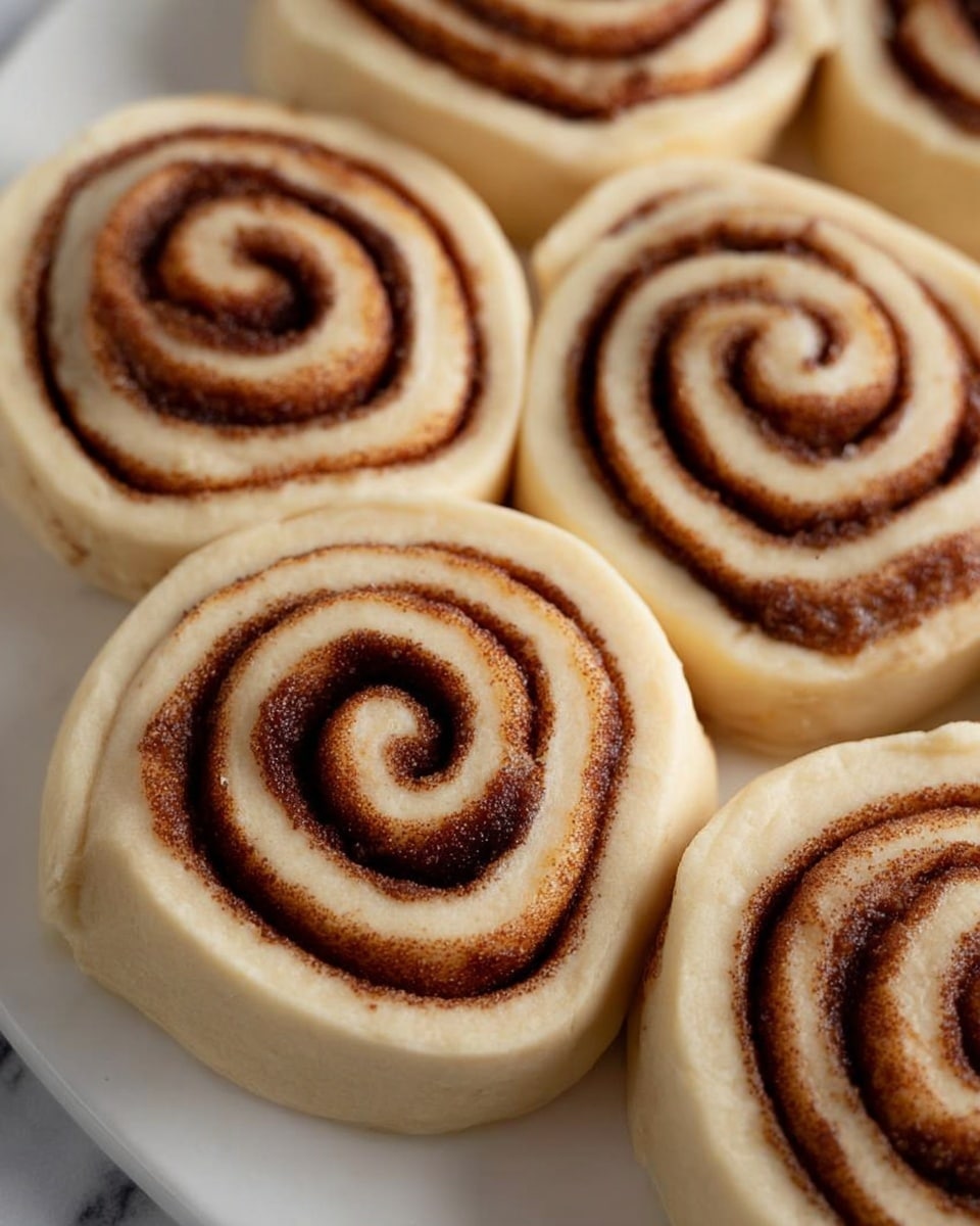 The image shows several cinnamon rolls arranged closely together on a white plate. Each roll has visible spiral layers with a light beige dough and a well-defined dark brown cinnamon filling, creating a clear swirl pattern. The dough looks soft and smooth, while the cinnamon filling has a slightly grainy texture. The rolls are slightly raised, indicating thickness and airiness, and are all similarly sized with rounded edges. The background features a white marbled surface that contrasts gently with the rolls. Photo taken with an iphone --ar 4:5 --v 7
