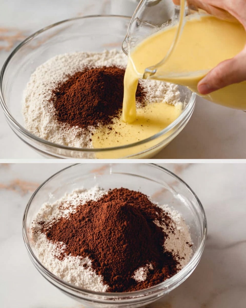 The image shows two clear glass bowls with ingredients for making batter, both placed on a white marbled surface. In the first bowl, white flour is topped with a pile of dark brown cocoa powder in the center, with more cocoa powder being poured in from another smaller glass bowl held above by a woman's hand. In the second bowl, the dry mixture of white flour and dark brown cocoa powder is partially covered with a light yellow, smooth liquid being poured in from a glass jug positioned above the bowl. photo taken with an iphone --ar 4:5 --v 7