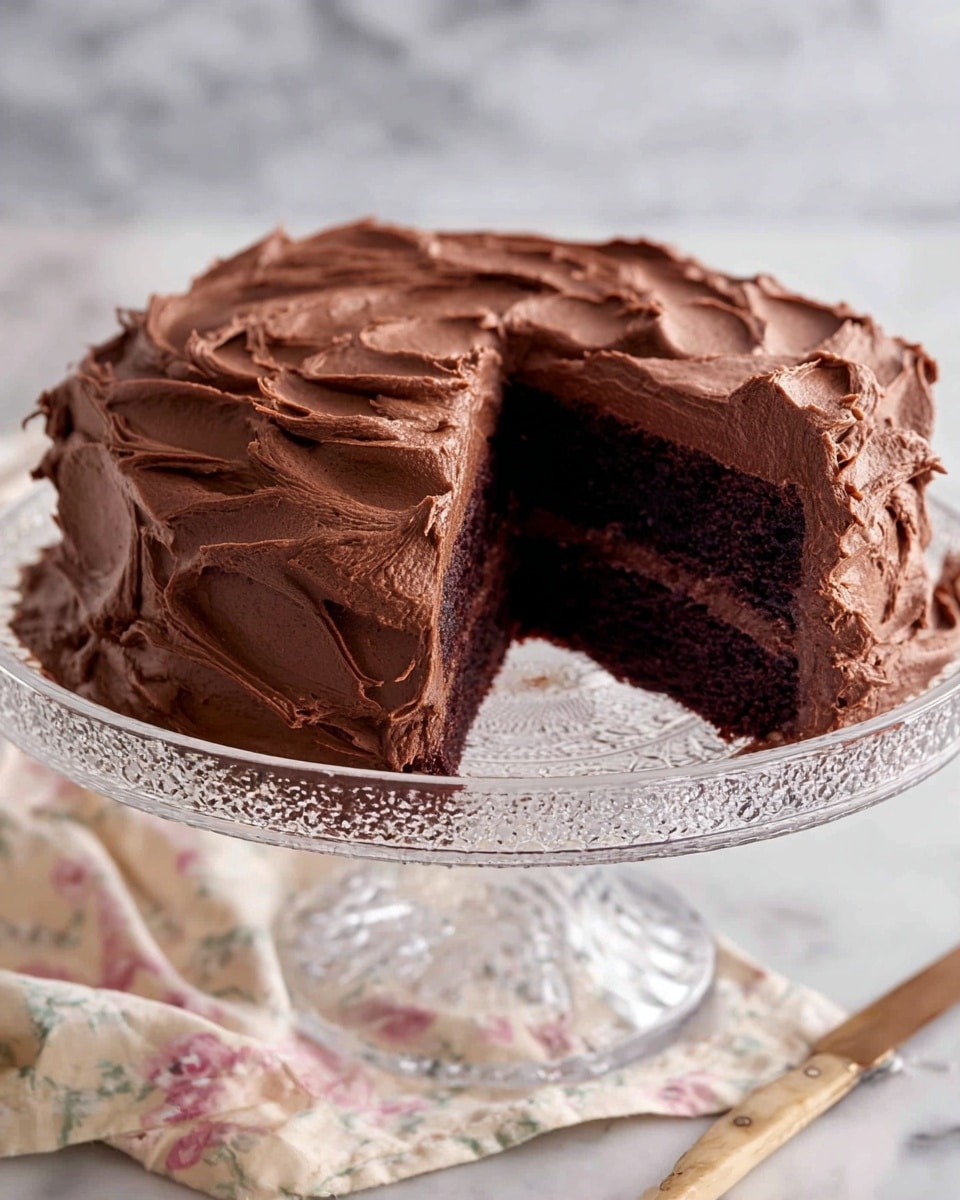 The image shows a two-layer chocolate cake on a clear glass cake stand with detailed patterns. Each cake layer is dark brown and moist looking, with a thick layer of darker chocolate frosting between them. The outside is fully covered with thick, swirled chocolate frosting, creating textured waves on the top and sides. A slice is cut out from the cake, revealing the smooth frosting inside. The cake stand sits on a white marbled surface with a light floral cloth and a wooden butter knife to the side. Photo taken with an iphone --ar 4:5 --v 7