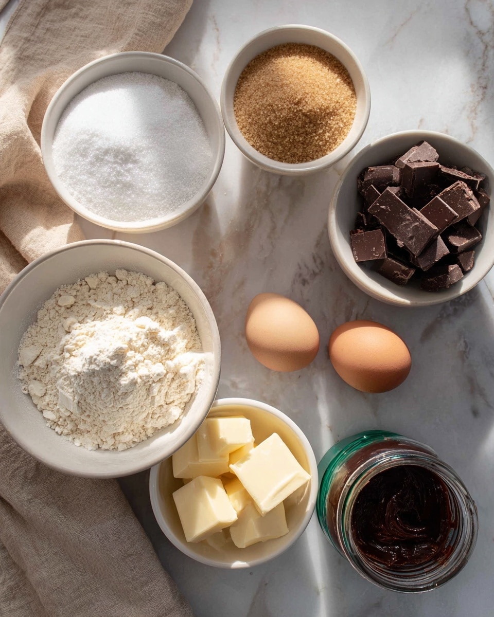 The image shows several white bowls arranged on a white marbled surface, each holding different baking ingredients. One bowl contains light brown sugar, another has white sugar, and a third one holds white flour. A fourth bowl is filled with mixed dark and milk chocolate pieces. There is a small white bowl with several pale yellow butter pieces, placed near two brown eggs and a glass jar of dark chocolate spread with a green lid. A beige cloth napkin lies folded on the lower left side of the frame. The lighting is soft and natural, highlighting the textures of each ingredient. Photo taken with an iphone --ar 4:5 --v 7