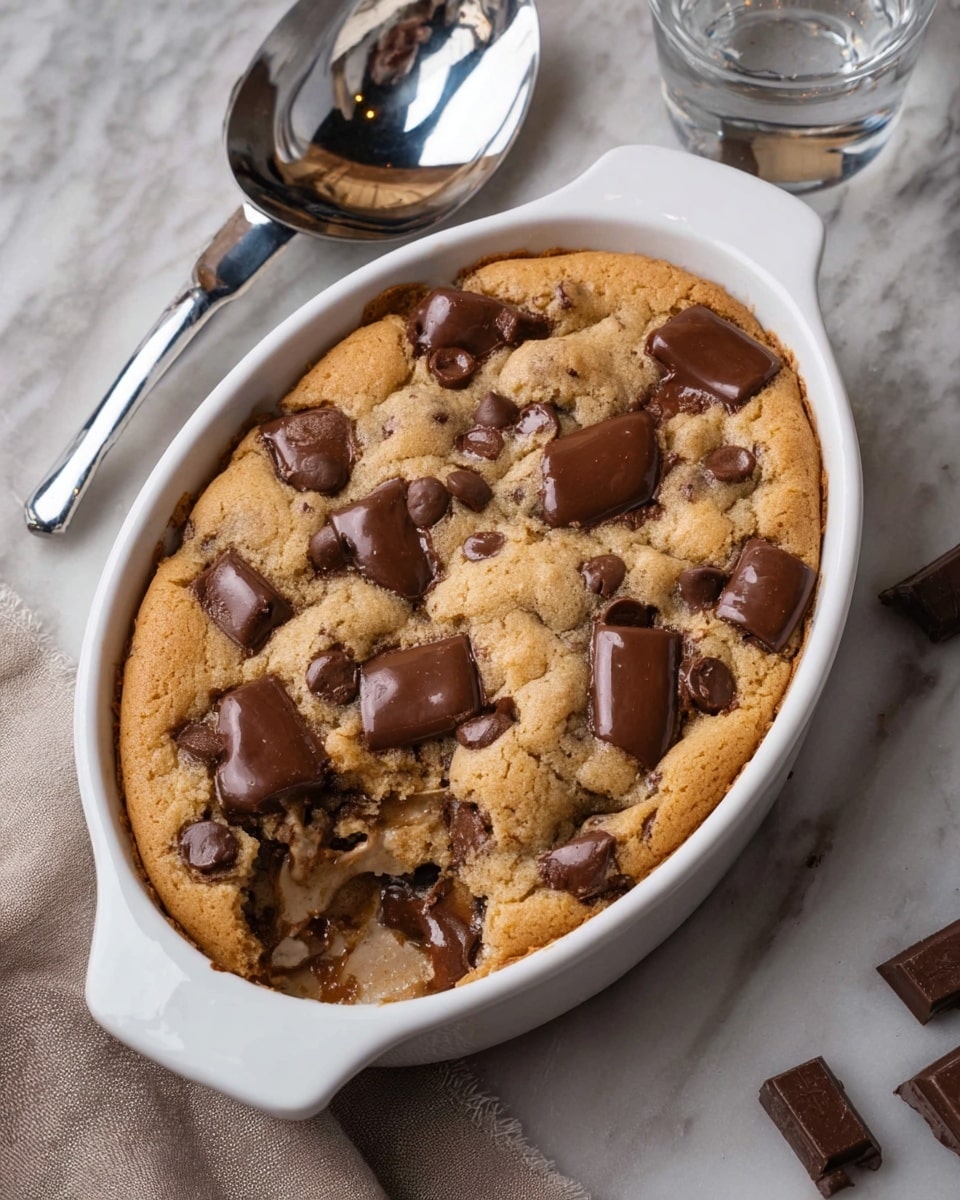 A white oval dish filled with a warm, golden-brown chocolate chip cookie bake that is slightly cracked on top, showing soft texture inside. Large dark chocolate chips and chunks of milk chocolate are scattered evenly across the top, some melted slightly into the cookie surface. The cookie bake is divided into several irregular pieces, with one piece slightly lifted, revealing a gooey, soft edge. The dish is placed on a white marbled surface, with a spoon and metal ice cream scooper nearby, and a glass with a shiny reflections visible in the background. Photo taken with an iphone --ar 4:5 --v 7