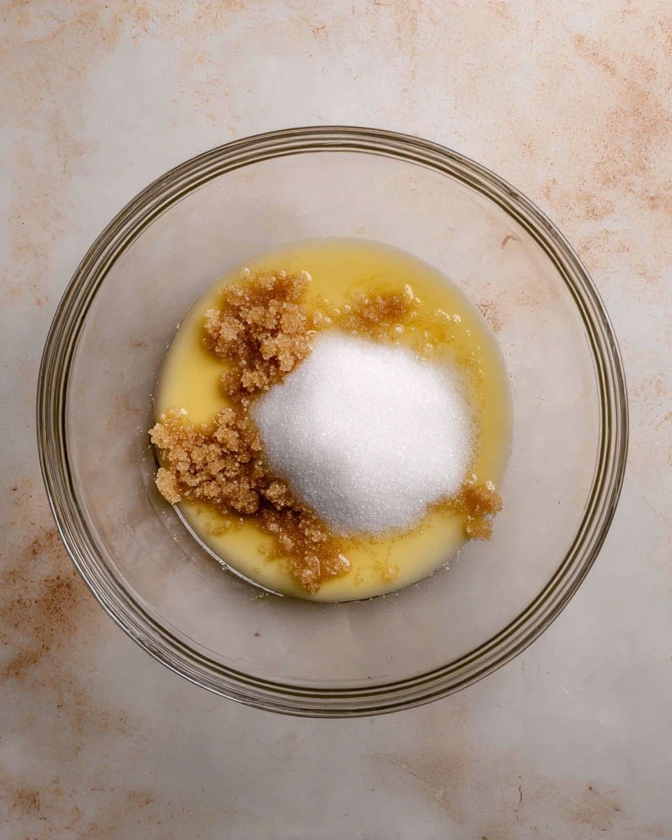 A clear glass mixing bowl sits on a white marbled surface, containing three main layers of ingredients. The bottom layer is a melted yellow butter with a shiny, smooth texture. On top of the butter, there are small clumps of golden brown sugar scattered around the edges. The center layer is a mound of fine white granulated sugar sitting neatly in the middle of the bowl. The overall look is simple and clean with contrasting light and dark colors. photo taken with an iphone --ar 4:5 --v 7
