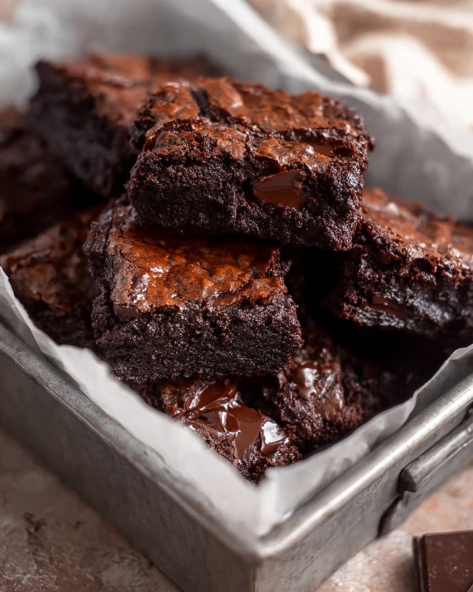 A close-up view of a metal rectangular pan lined with crinkled parchment paper holding several thick, rich dark brown brownies stacked unevenly. The brownies have a shiny, cracked surface with visible melted chocolate chunks, showing a dense and fudgy texture. The background shows soft brown and white marble texture with blurred pieces of chocolate in the corner. The image feels cozy and homemade. photo taken with an iphone --ar 4:5 --v 7