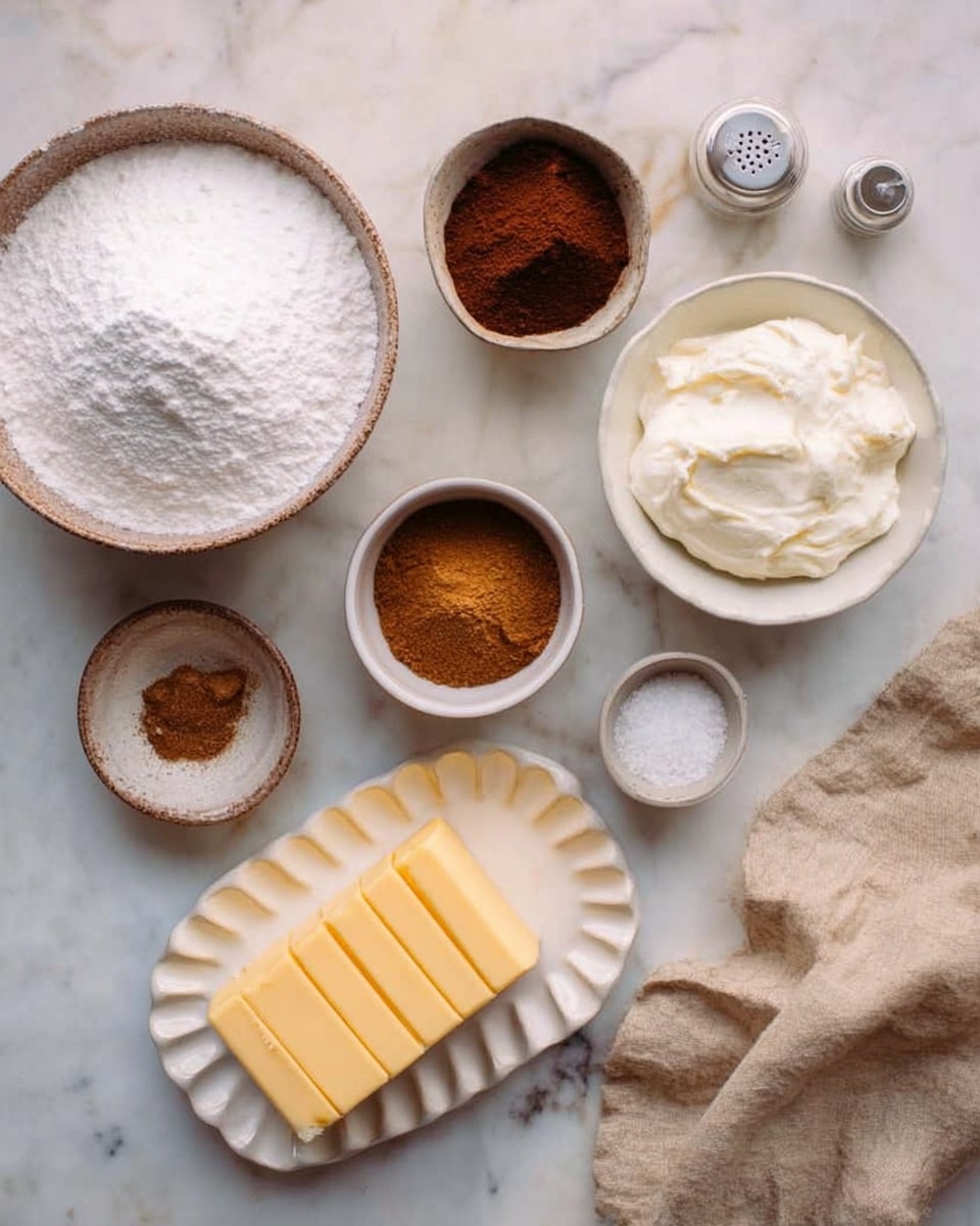 The image shows various baking ingredients arranged neatly on a white marbled surface. There is a large bowl filled with white powdered sugar, next to a smaller bowl with dark brown sugar. A white bowl holds soft white cream cheese, and another small white bowl contains cinnamon and sugar mixed together. A piece of yellow butter rests on a white scalloped dish, and a yellow rectangular piece of cheese with measurement marks lies nearby. Small containers hold salt and another spice. A beige cloth is casually placed on the right side of the image. Photo taken with an iphone --ar 4:5 --v 7