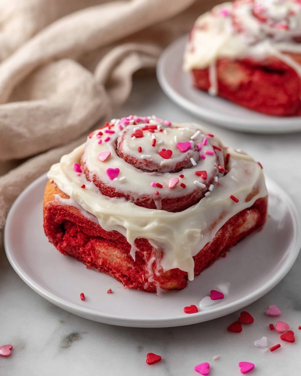 A single square red cinnamon roll sits on a white plate, showing one spiral layer of vibrant red dough. The top is thickly covered with creamy white icing that drips slightly down the sides, sprinkled with small heart-shaped sprinkles in red, pink, and white. In the background, there is a second cinnamon roll on another white plate, slightly out of focus. The surface beneath is a white marbled texture, and soft beige fabric is draped casually behind. Photo taken with an iphone --ar 4:5 --v 7