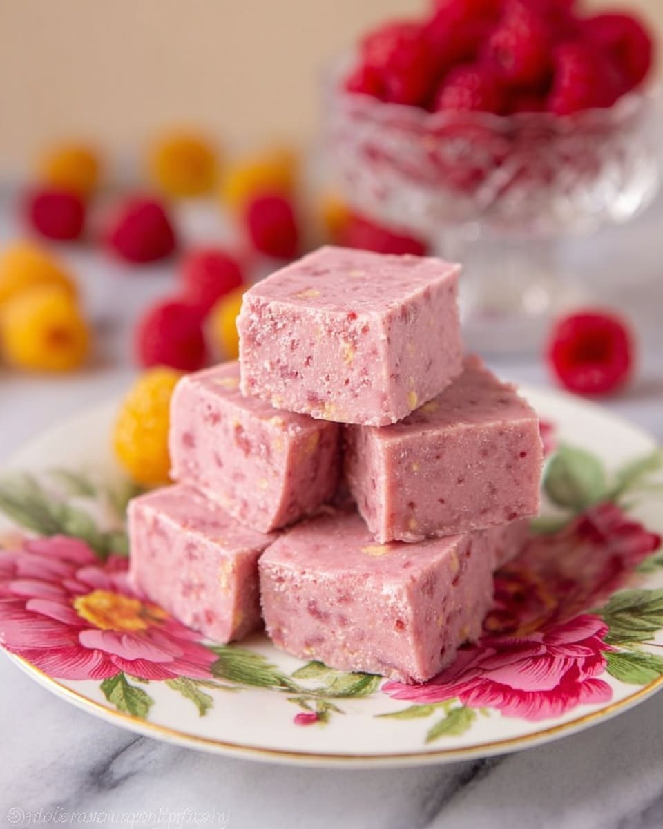The image shows five square pink fudge pieces stacked in a pyramid on a white plate with a floral design featuring large pink flowers and green leaves. The fudge pieces have a slightly rough texture with tiny bits of fruit throughout. In the blurred background, there are scattered ripe red and yellow raspberries on a white marbled surface, alongside a small glass bowl filled with raspberries. The soft lighting highlights the creamy texture of the fudge. Photo taken with an iphone --ar 4:5 --v 7