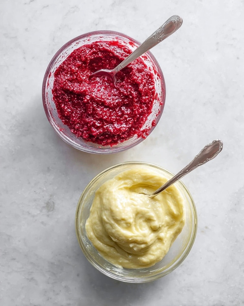 The image shows two clear glass bowls on a white marbled surface, each with a spoon inside. The top bowl contains a thick, textured bright red mixture that looks like crushed berries or fruit puree, with small chunks visible throughout. The bottom bowl holds a smooth, creamy pale yellow mixture with a soft, whipped texture that clings slightly to the side of the bowl. Both bowls are side by side with the spoons resting inside them. Photo taken with an iphone --ar 4:5 --v 7