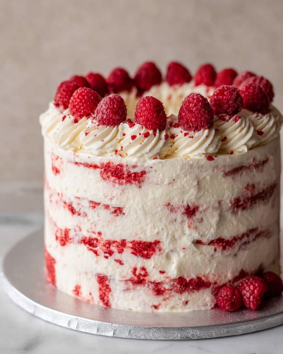 This is a tall round cake with three visible layers, each covered in white cream frosting mixed unevenly with bright red berry sauce, creating a textured, streaky pattern on the sides. The top has dollops of white cream, also mixed with red berry bits, forming a circle near the edge. Inside this circle, fresh, whole red raspberries are closely placed, adding a vibrant and fresh look to the cake. It sits on a shiny silver cake board with a white marbled background. photo taken with an iphone --ar 4:5 --v 7