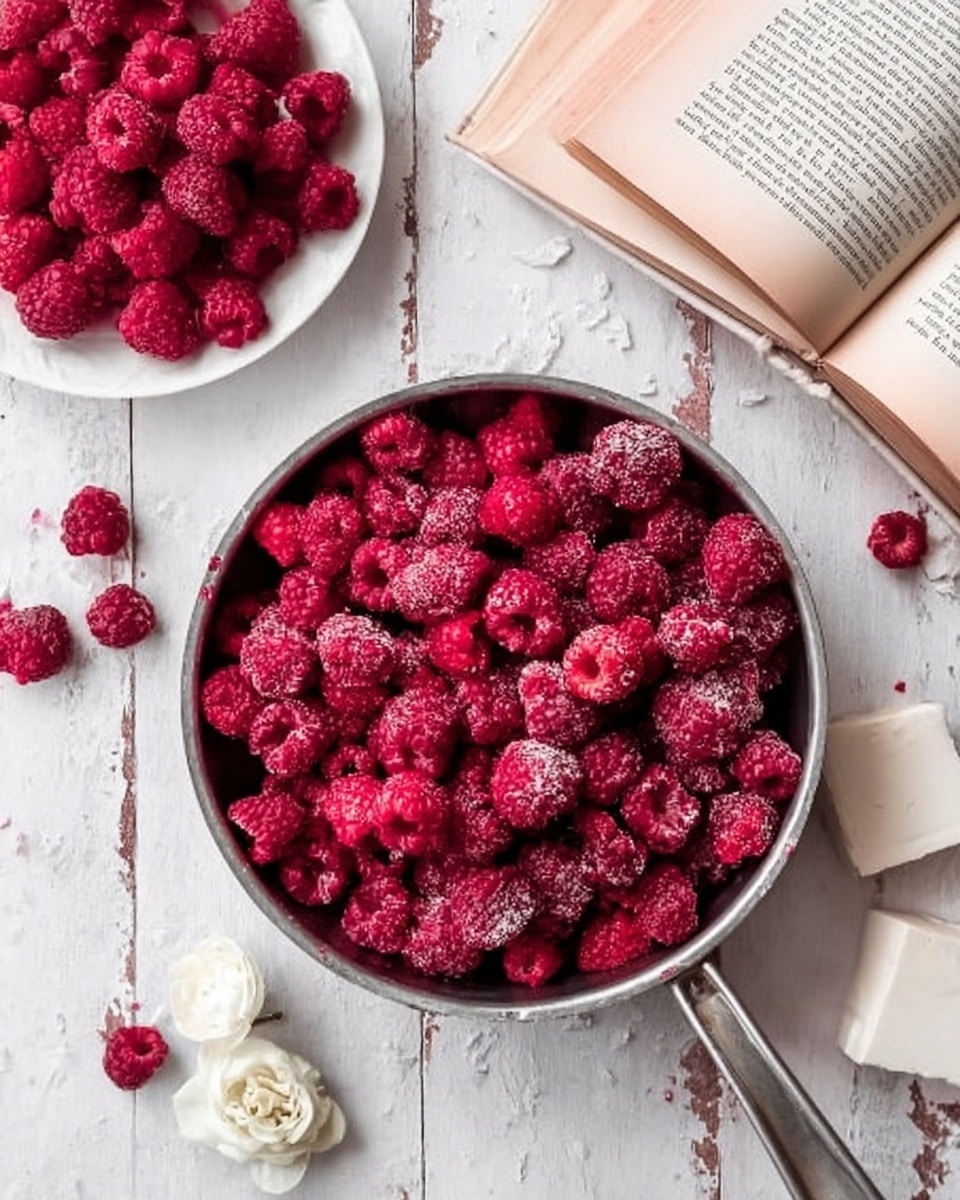 A large silver pan filled with many bright red raspberries, some showing frost, placed on a worn white wooden surface. To the top left, a white plate holds more fresh raspberries, rich red and plump. Towards the top right, an open book lies flat, with white rectangular pieces placed on its pages and a small white flower resting nearby. Scattered around are a few individual raspberries and more of the white rectangular pieces. The whole scene is set on a white marbled surface. photo taken with an iphone --ar 4:5 --v 7