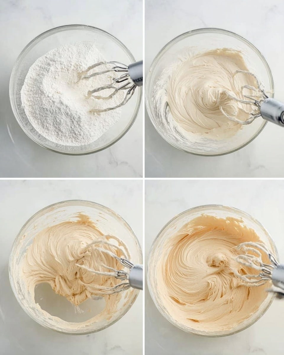 The image shows three stages of mixing batter in a clear glass bowl placed on a white marbled surface. The first part shows dry white powder ingredients on top of wet ingredients, with a silver electric mixer beaters inside the bowl. In the second part, the batter is smooth, creamy, and light beige, with thick swirls visible and the beaters resting on the batter. The third part shows the batter stretched in soft peaks from the beaters, maintaining its light beige color and a creamy texture, all inside the clear bowl. Photo taken with an iphone --ar 4:5 --v 7