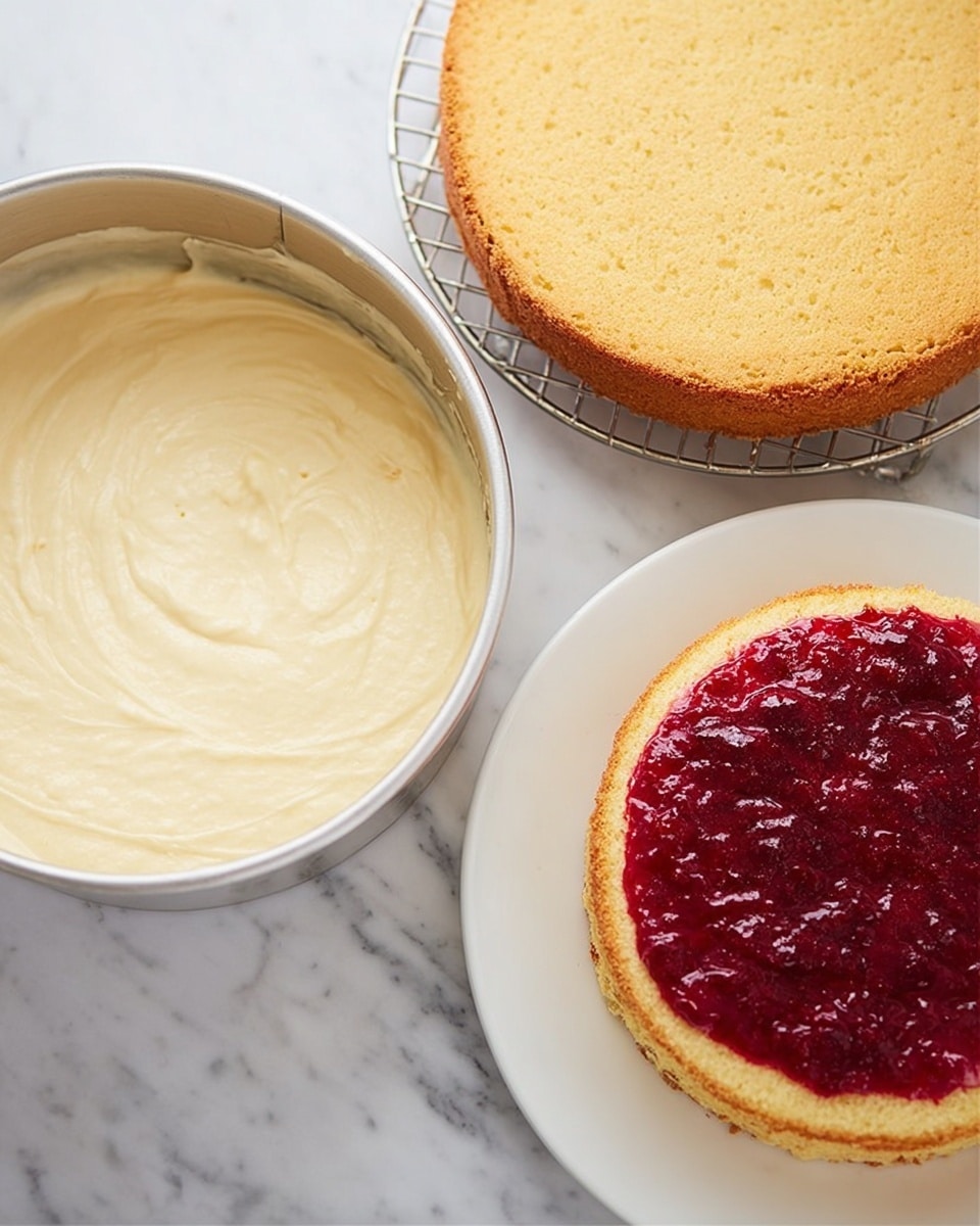 The image shows three stages of making a cake. On the left, there is a round metal pan filled with smooth, creamy light yellow batter spread evenly inside, placed on a white marbled surface. In the middle, a golden brown cake layer with a slightly rough edge is cooling on a metal wire rack above the white marbled surface. On the right, a white plate holds a single light brown cake layer topped with a thick, even layer of bright red jam, the jam having a slightly textured surface. Photo taken with an iphone --ar 4:5 --v 7