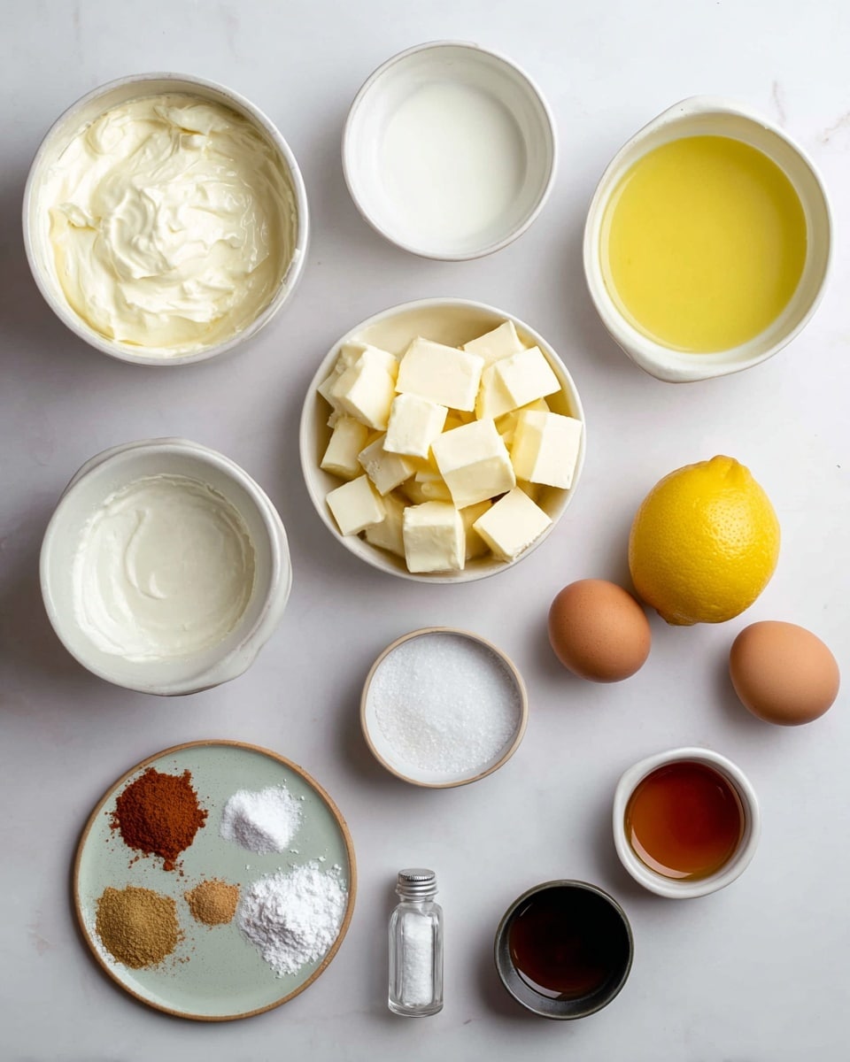 The image shows multiple ingredients arranged neatly on a white marbled surface. There are three eggs placed side by side on the right, a whole yellow lemon next to them. A small white bowl contains a yellowish liquid at the top right, and next to it, a white bowl filled with small pale yellow cubes. Another white bowl at the top left holds a thick white creamy substance. Below these are two small bowls, one with white liquid and the other with fine white sugar. At the bottom left are three small piles of different powdered spices or powders on a small round plate, with a small bottle of clear liquid nearby. Additionally, a tiny black bowl with white salt and a small white bowl with dark amber liquid complete the arrangement. All ingredients sit on a clean white marbled texture. Photo taken with an iphone --ar 4:5 --v 7